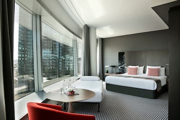 a room with a bed and a table