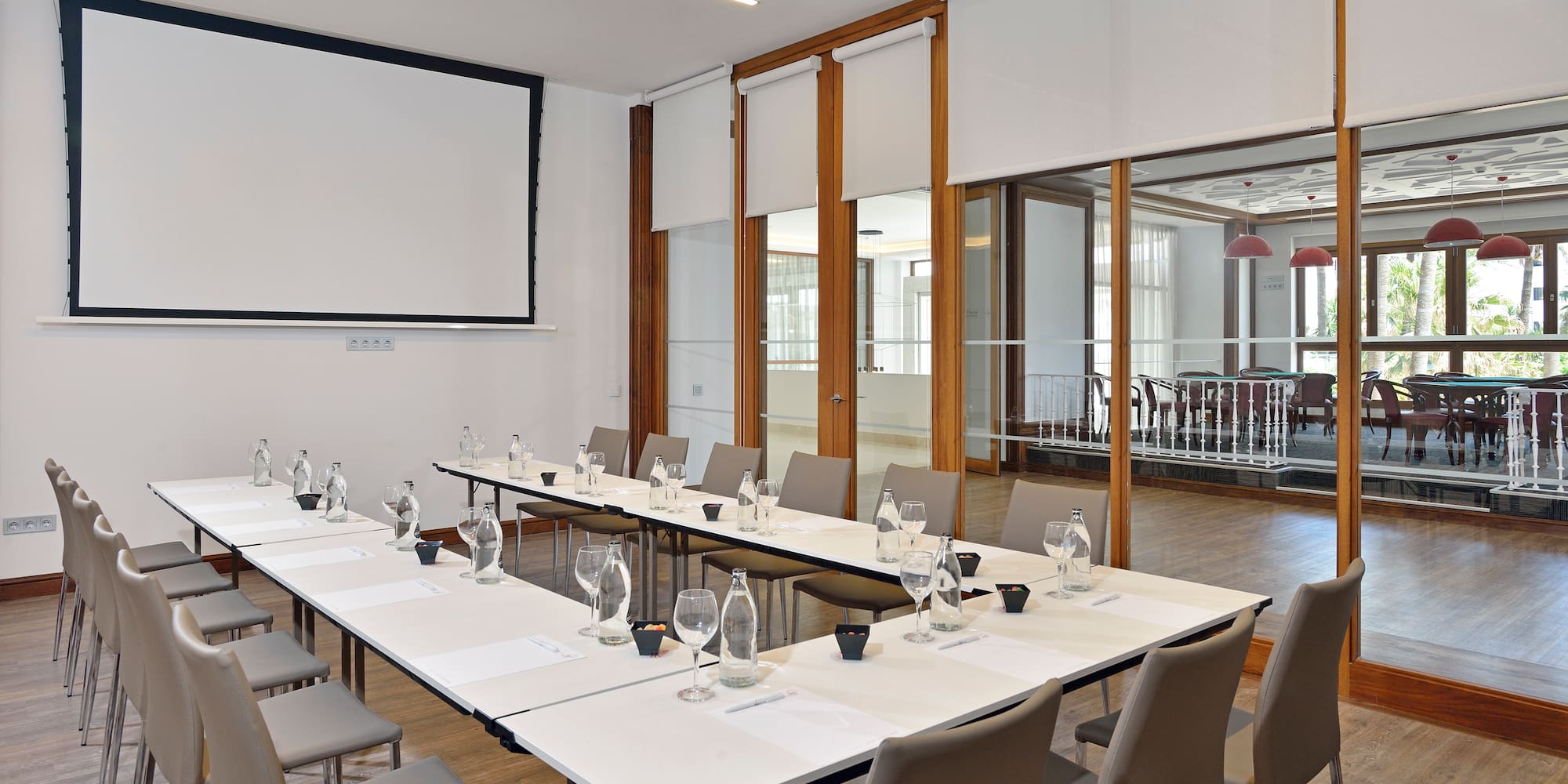 a room with tables and chairs