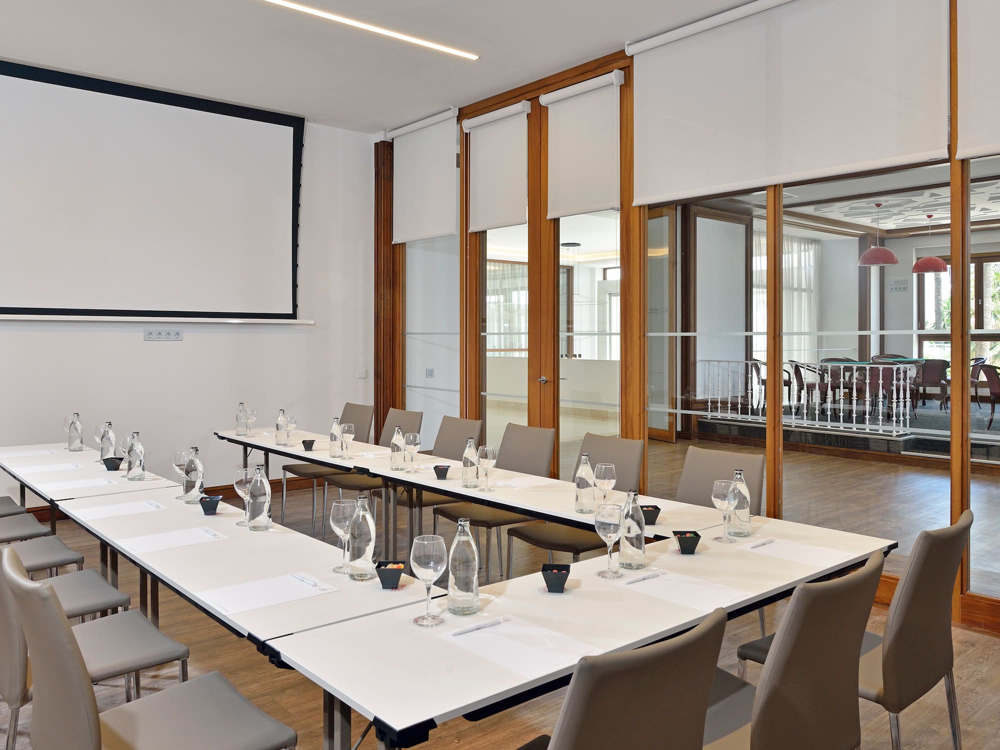 a room with tables and chairs