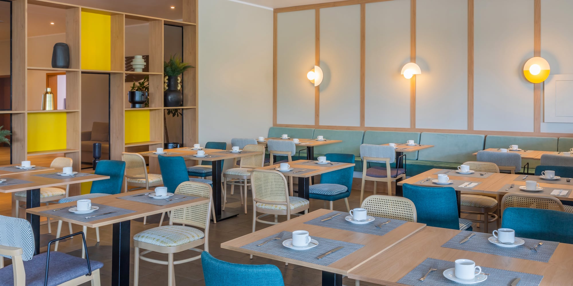 a room with tables and chairs