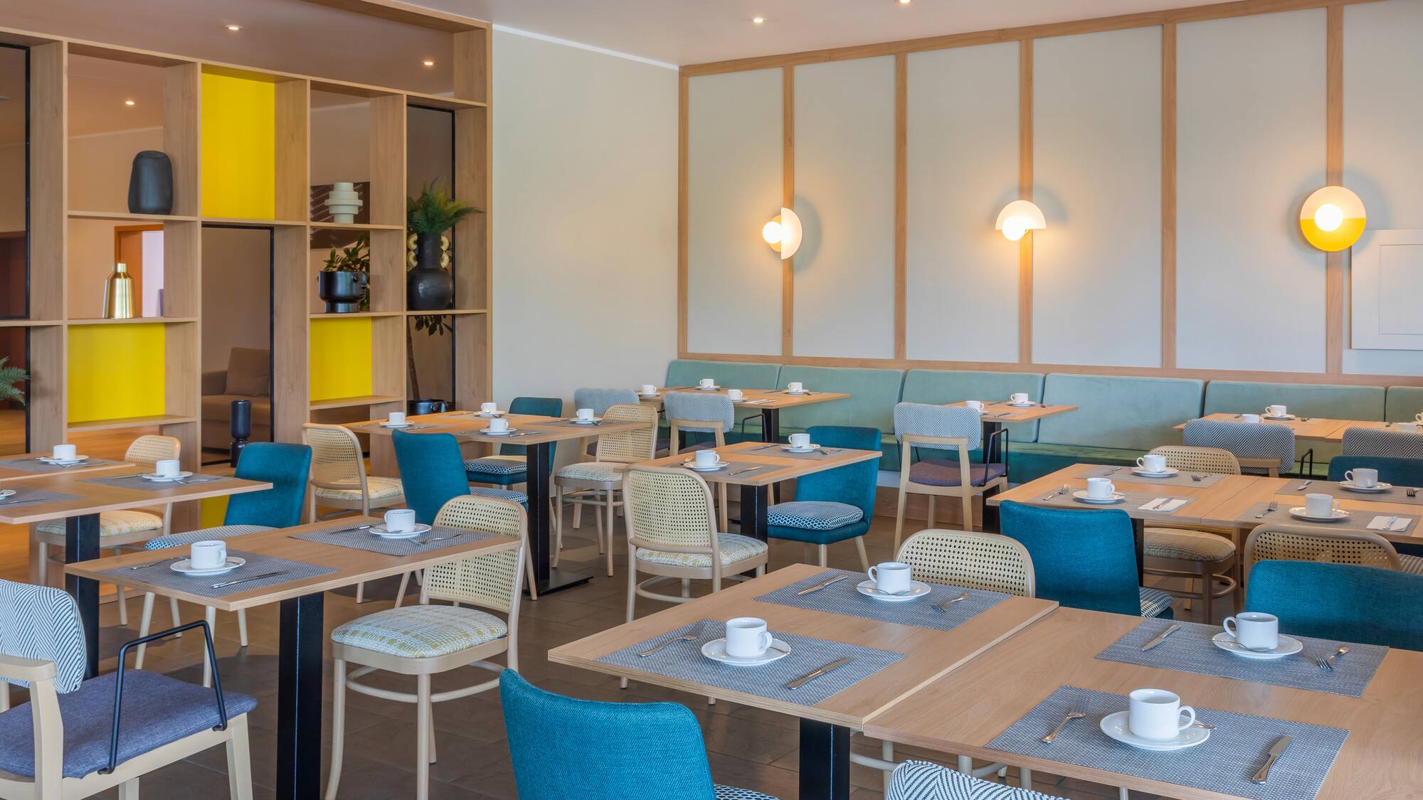 a room with tables and chairs