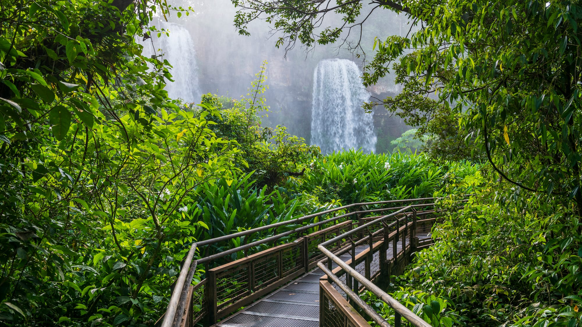 a walkway leading to a waterfall