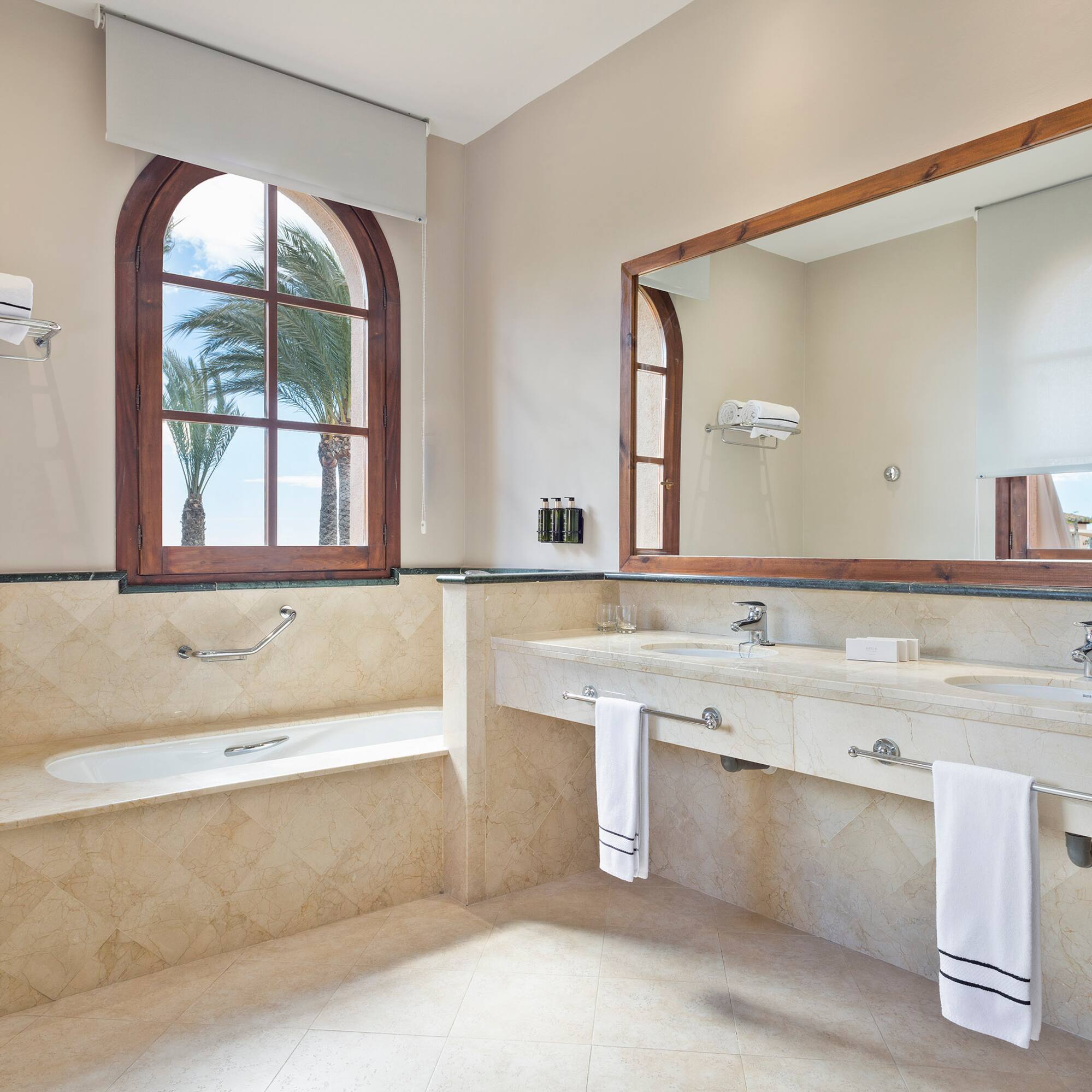 a bathroom with a large mirror and two sinks