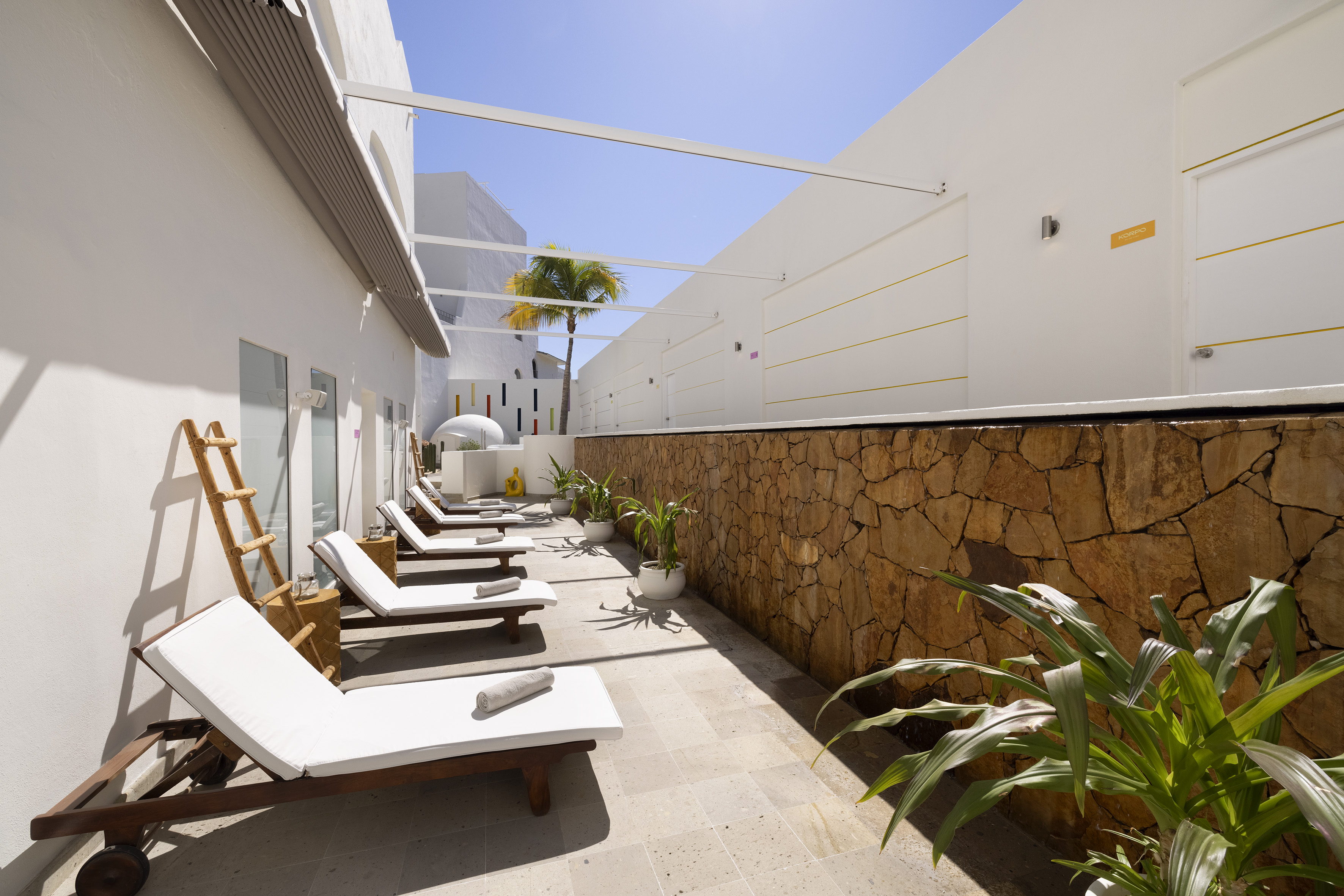 Modern resort patio with white lounge chairs, stone wall, and palm tree.
