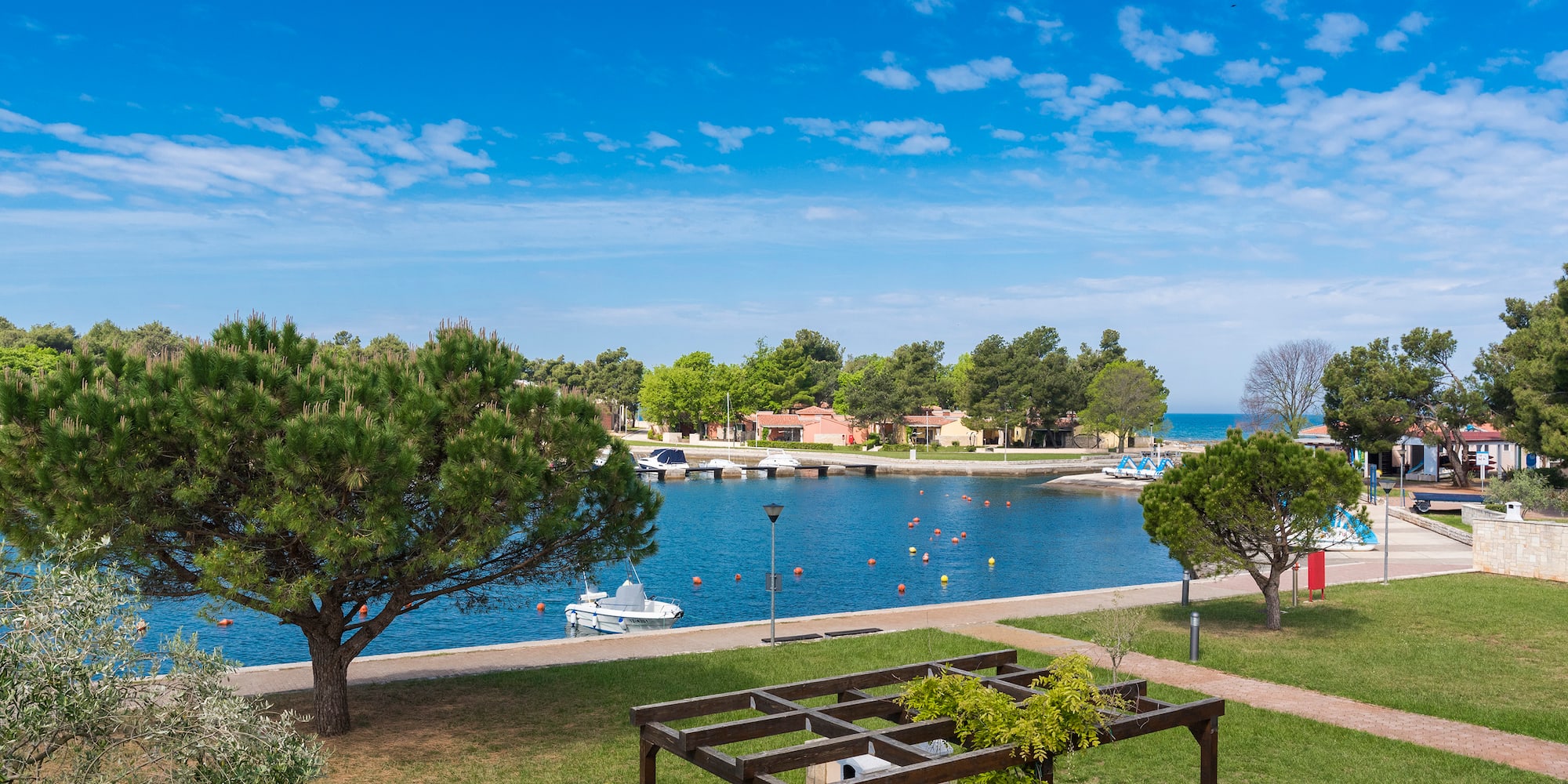 a view of a body of water and a park with trees and a boat dock