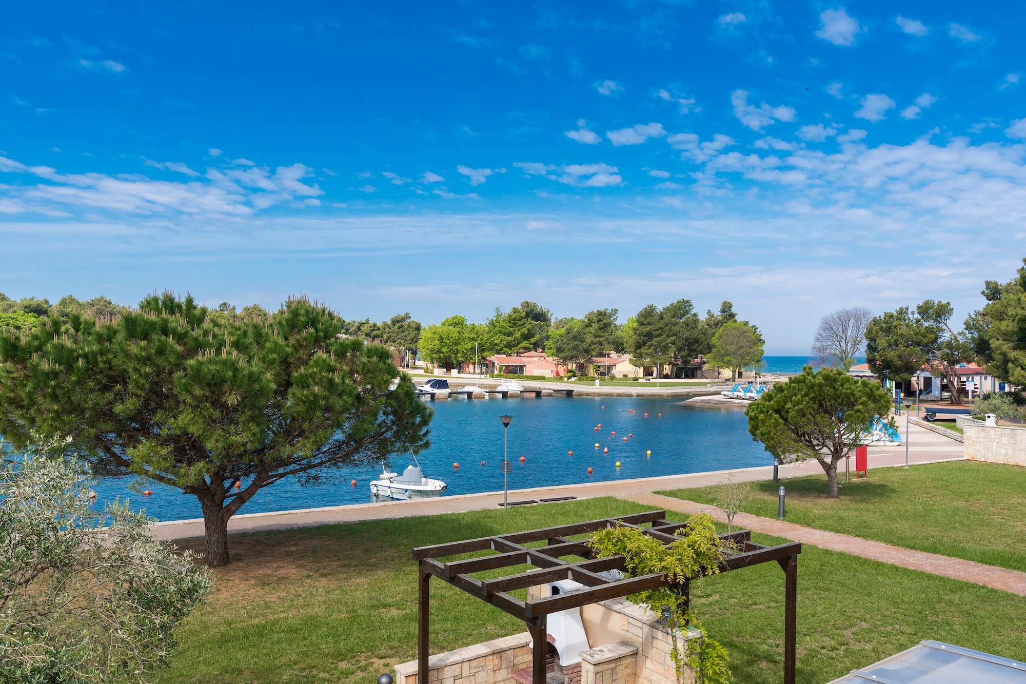 a view of a body of water and a park with trees and a boat dock
