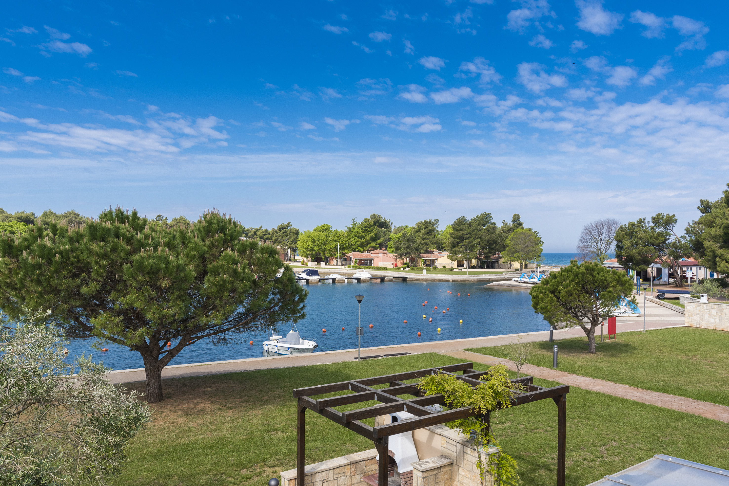 a view of a body of water and a park with trees and a boat dock