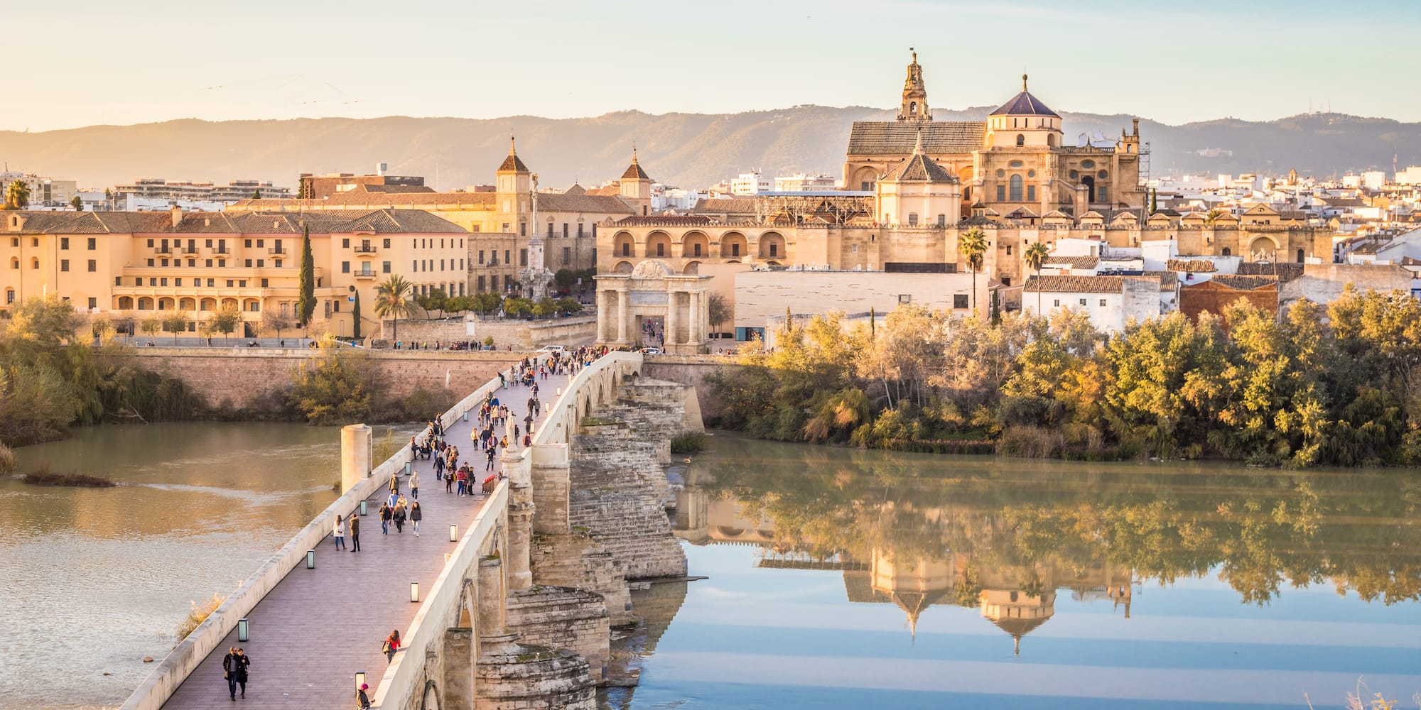 a bridge over water with a group of people walking on it