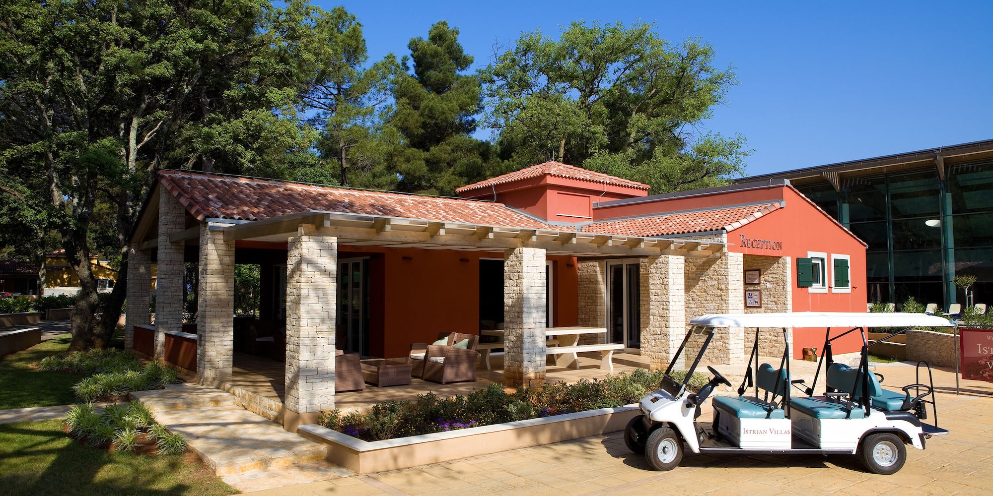 a golf cart parked outside of a house