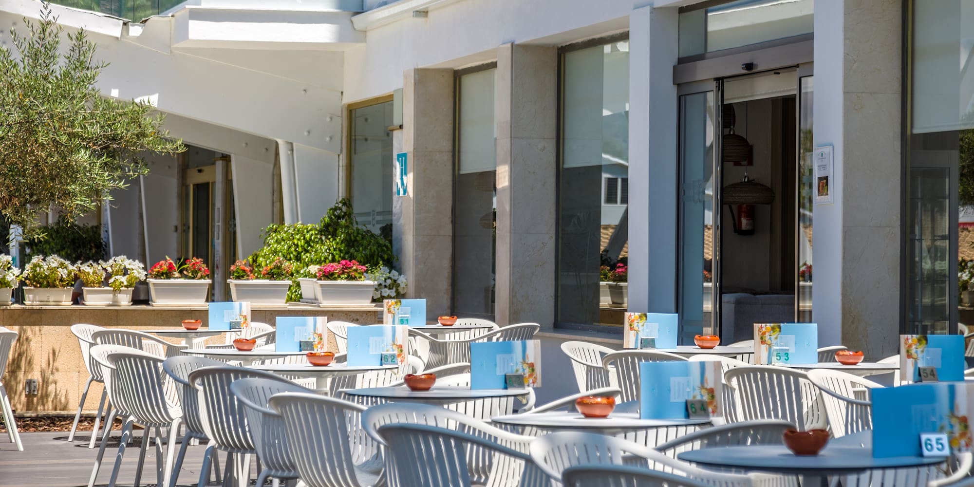 a tables and chairs outside a building