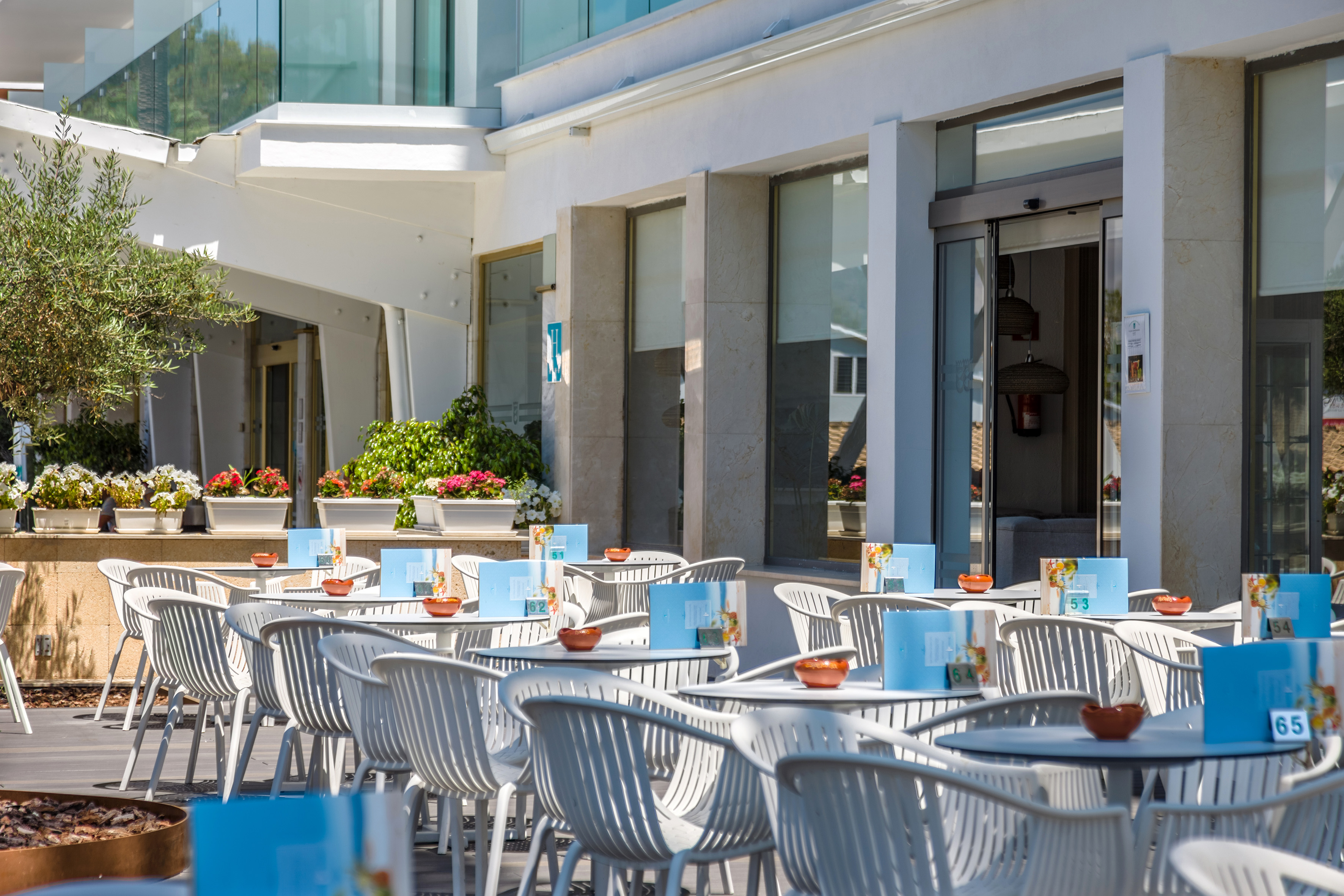 a tables and chairs outside a building