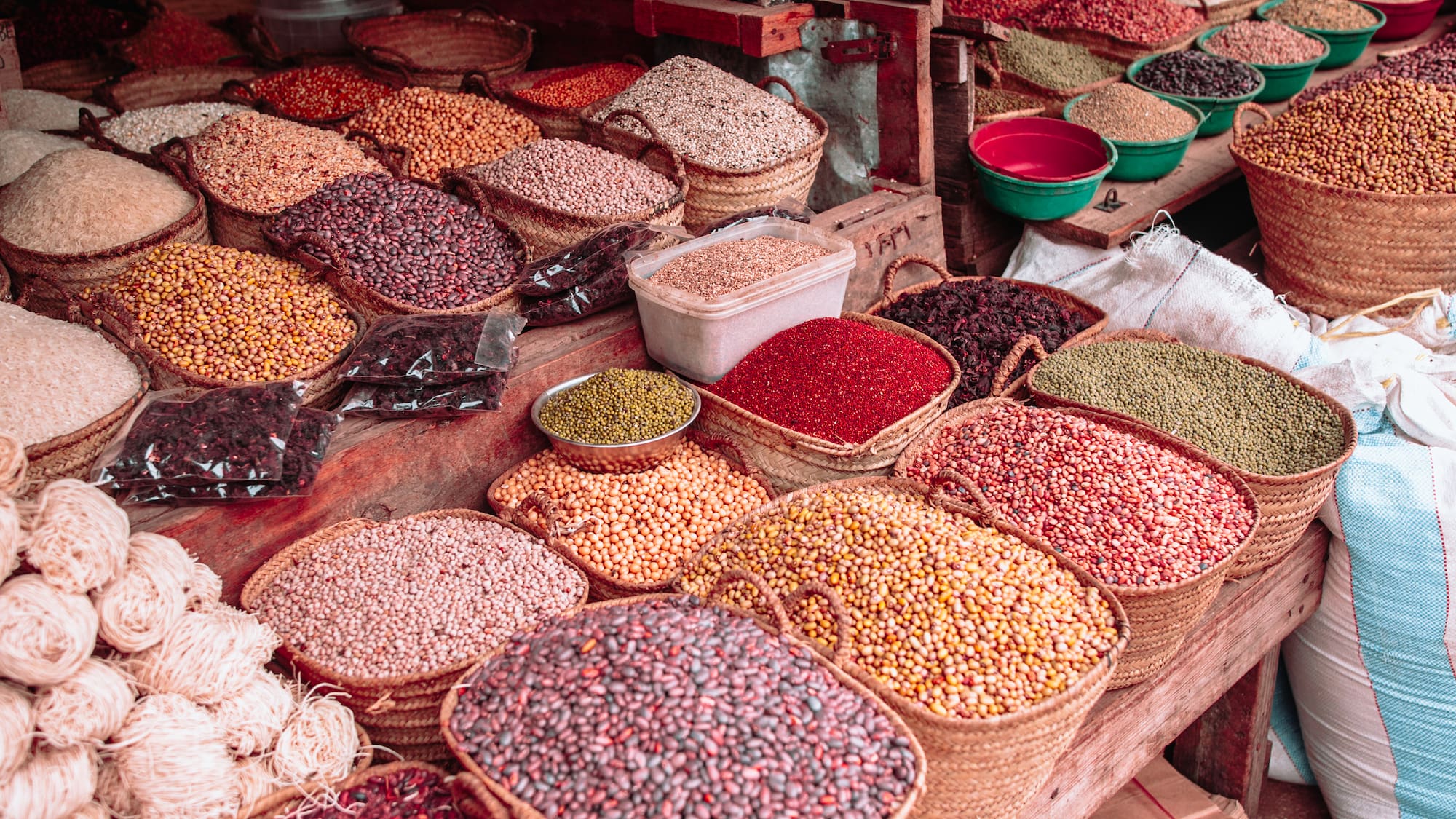 a group of baskets of beans