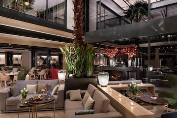a room with a large tree and a couch