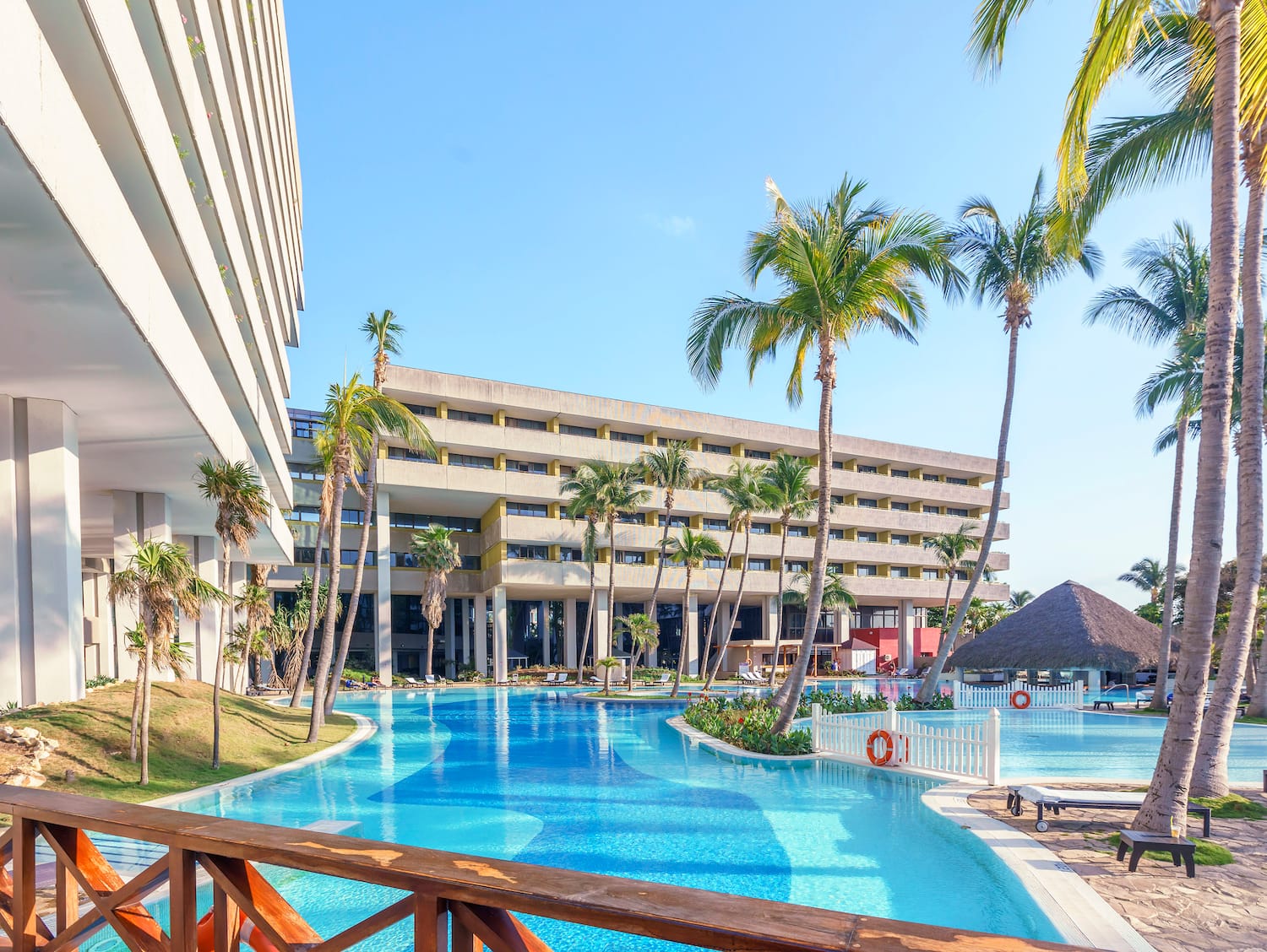 a pool with palm trees and a building