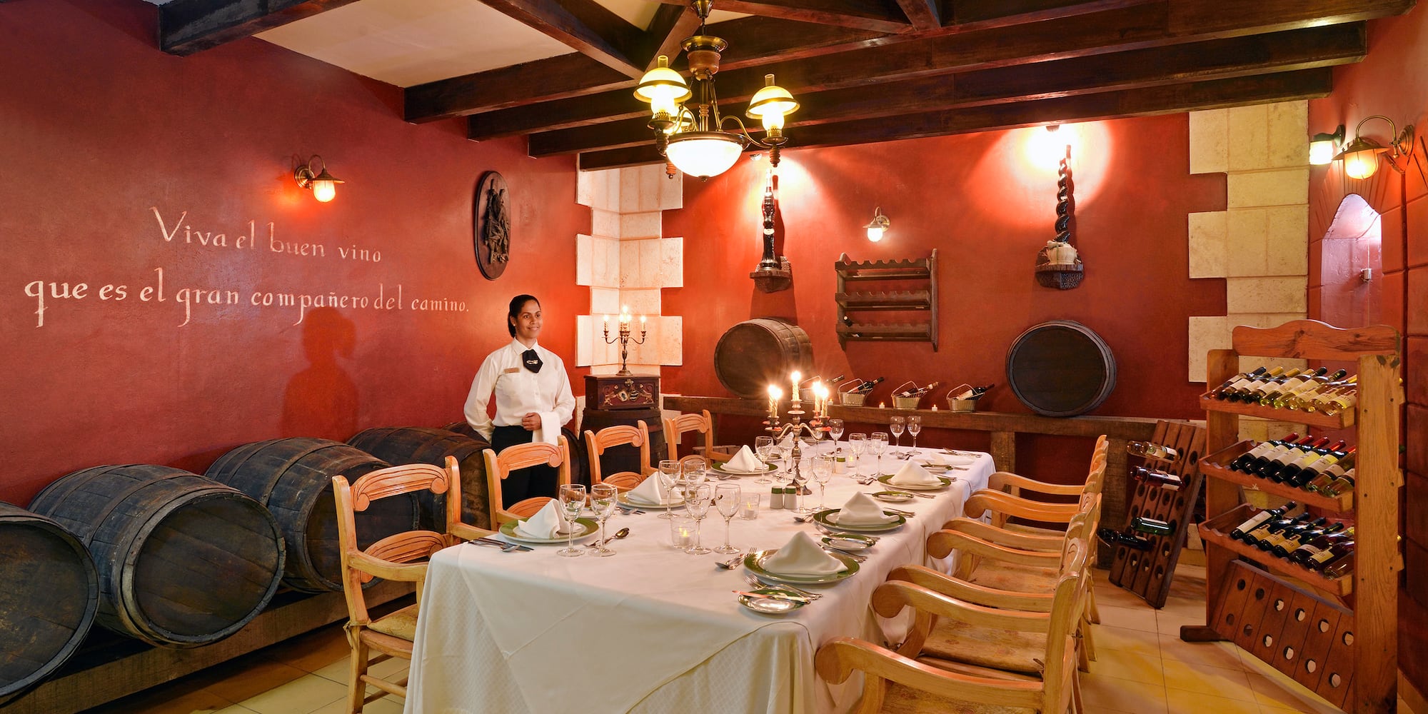a woman standing in a restaurant