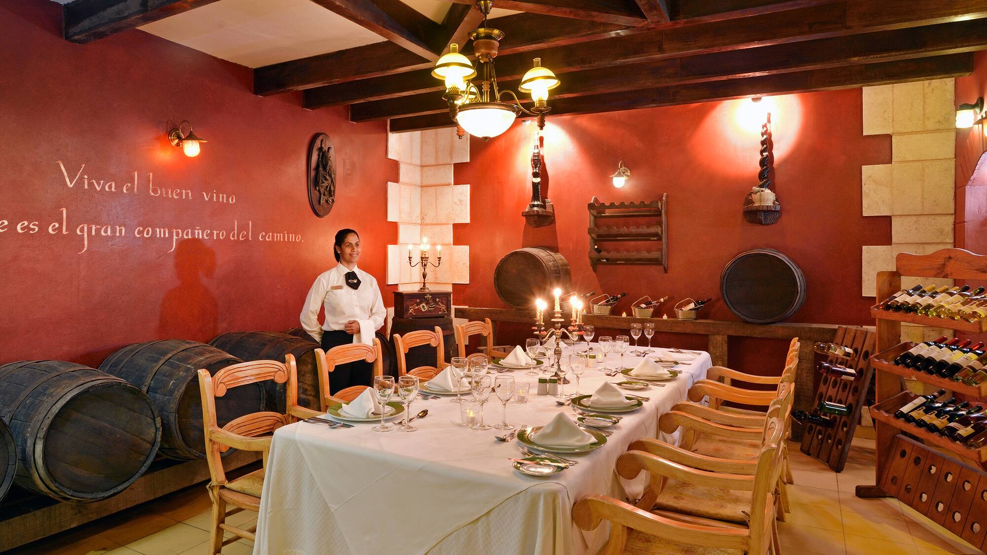 a woman standing in a restaurant