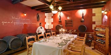 a woman standing in a restaurant