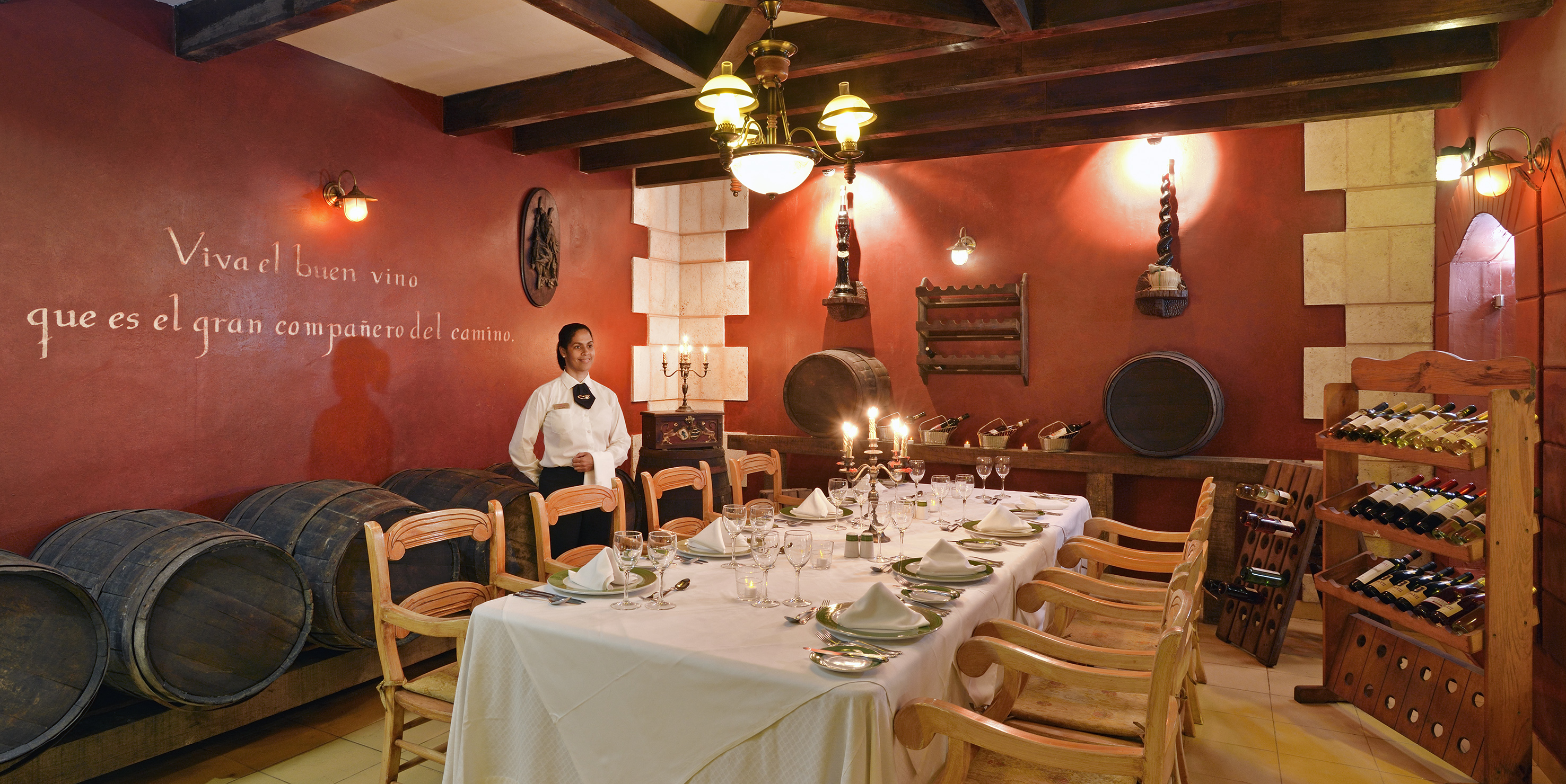 a woman standing in a restaurant