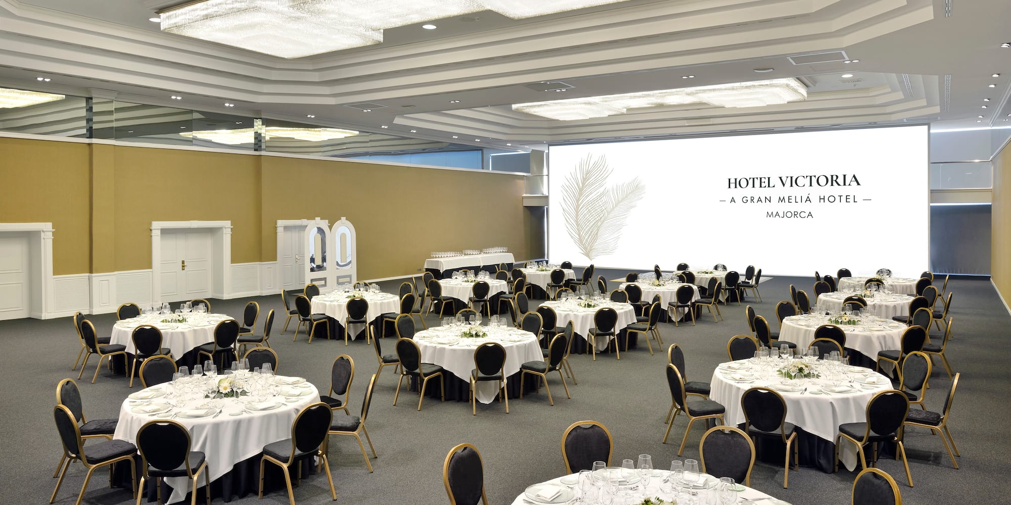 a large room with tables and chairs