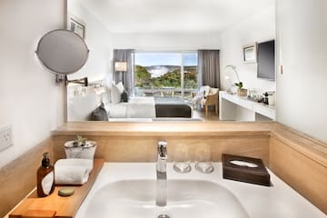 a bathroom with a mirror and a bed and a window