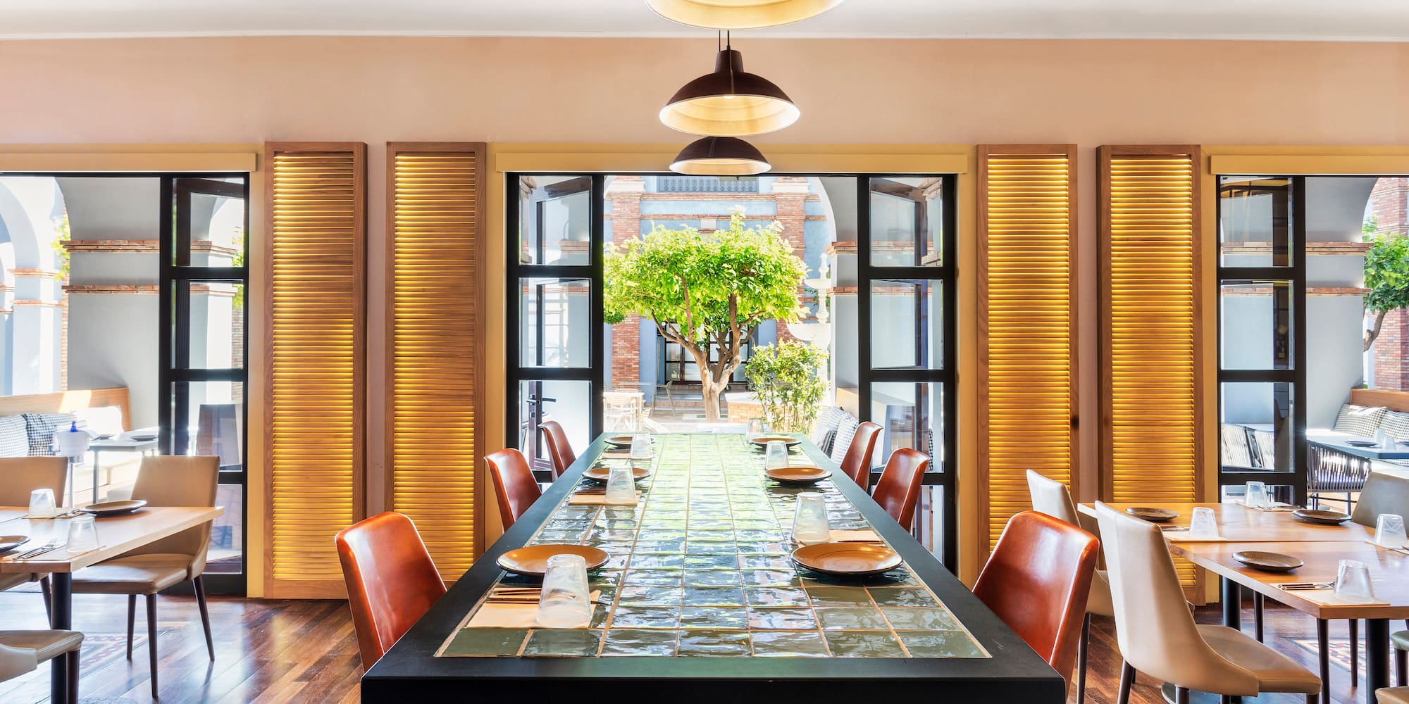 a dining table with chairs and a tree in the background