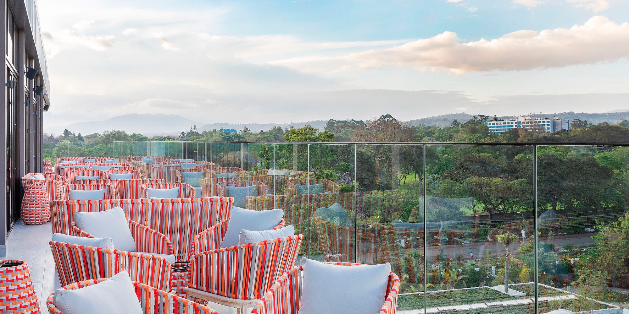 a group of chairs on a rooftop