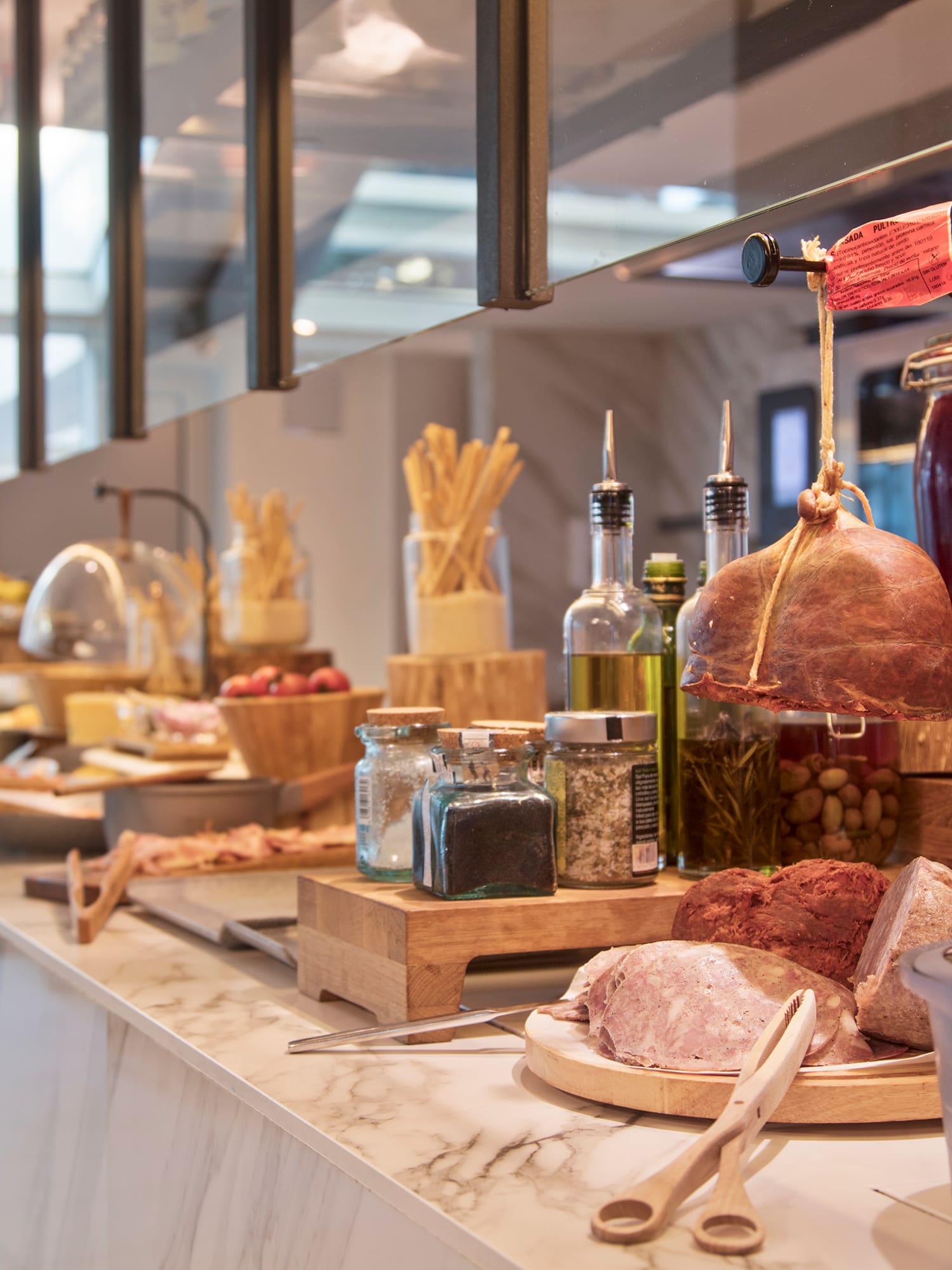 a counter with food items on it