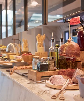 a counter with food items on it