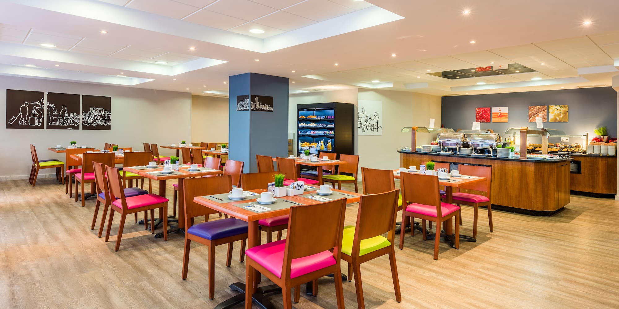 a room with tables and chairs