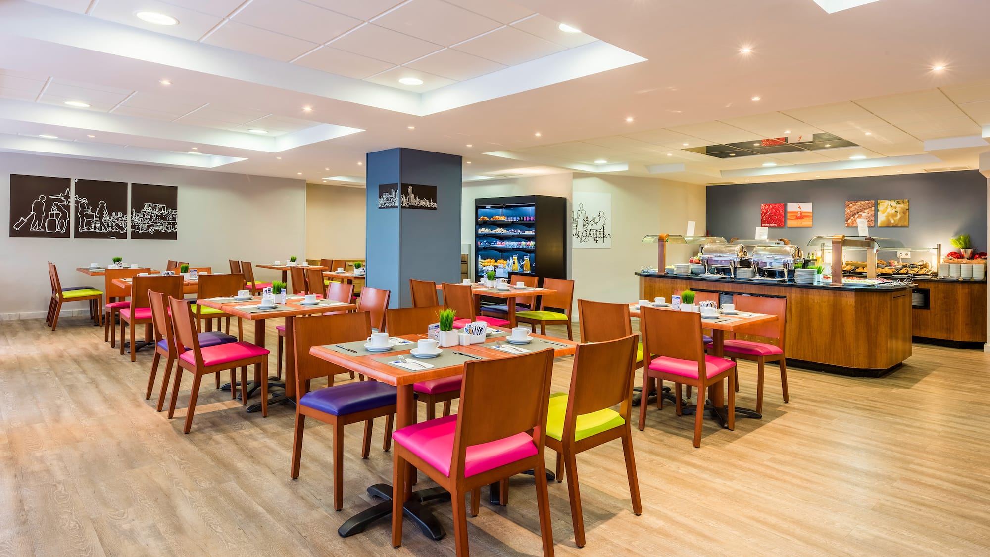 a room with tables and chairs