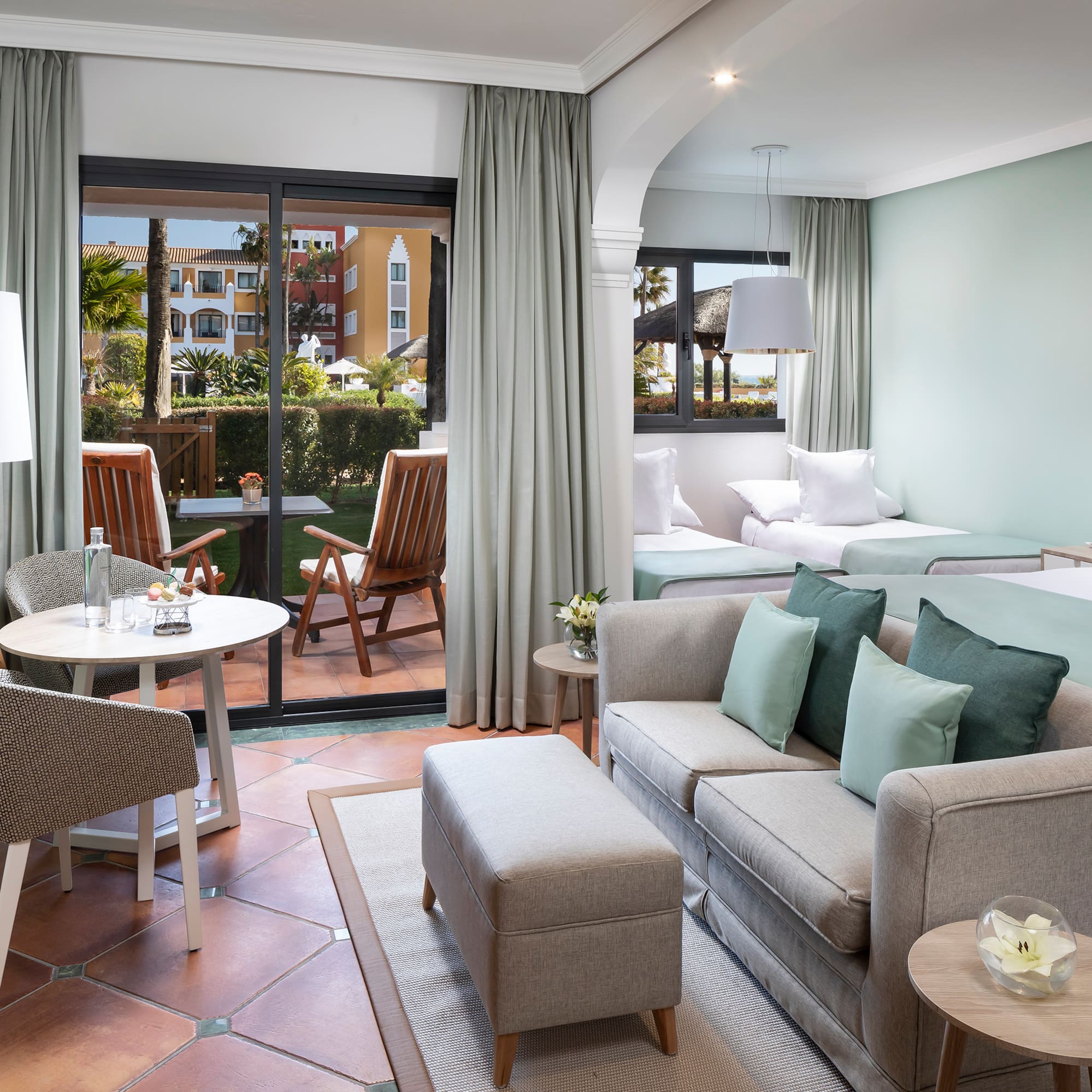 a room with a couch and a table