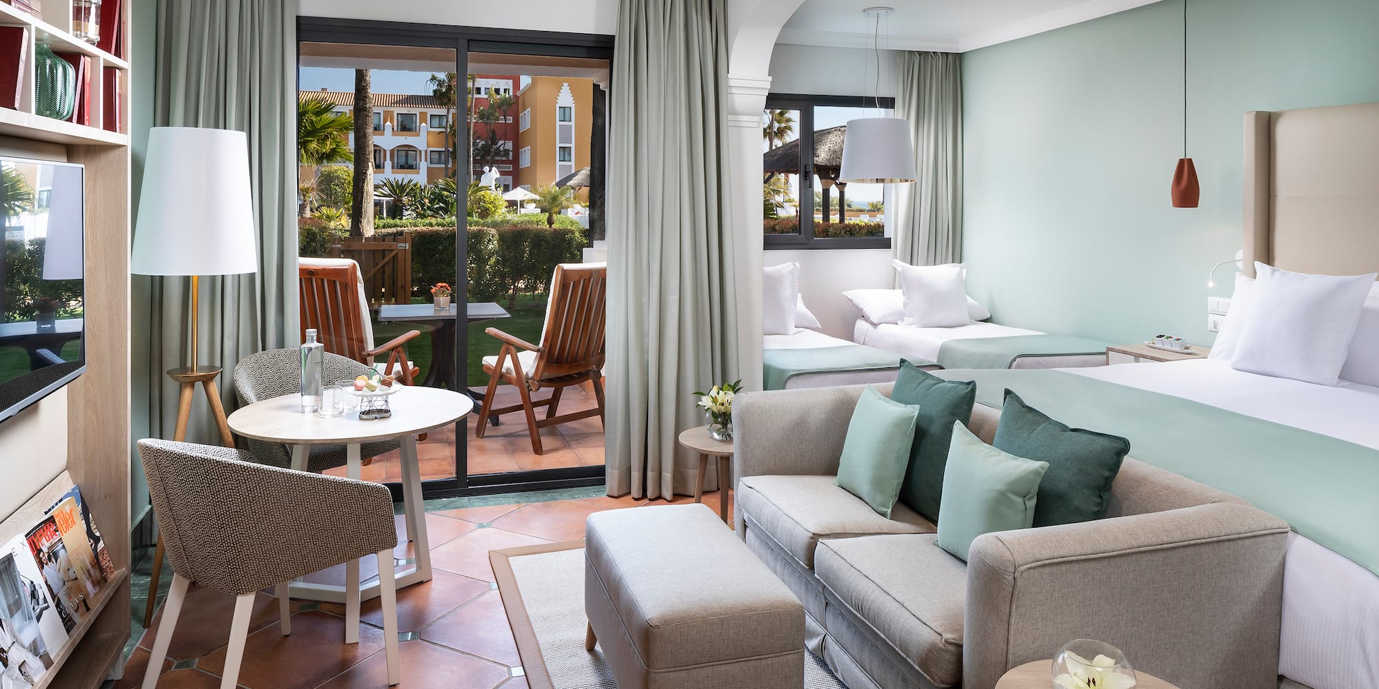 a room with a couch and a table