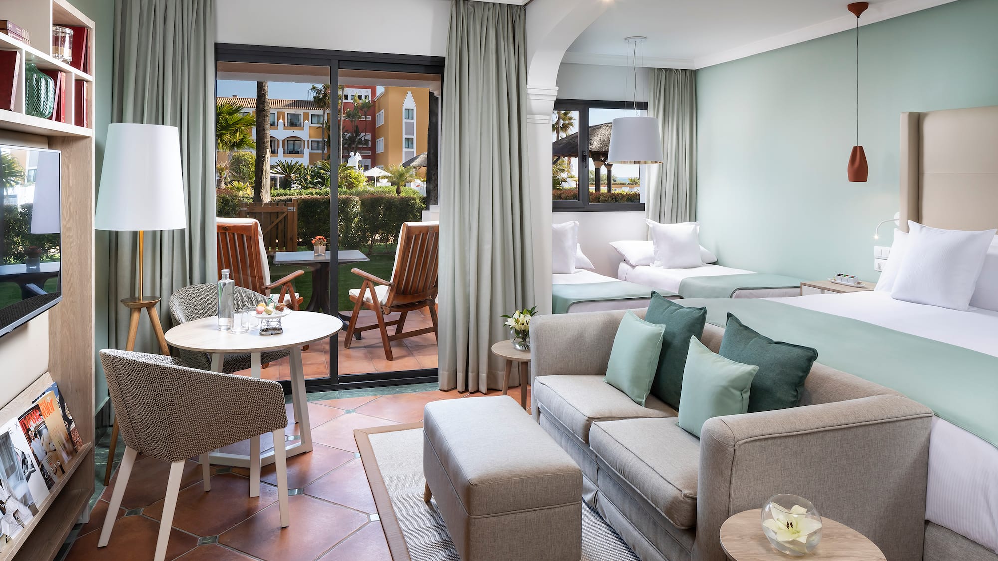 a room with a couch and a table