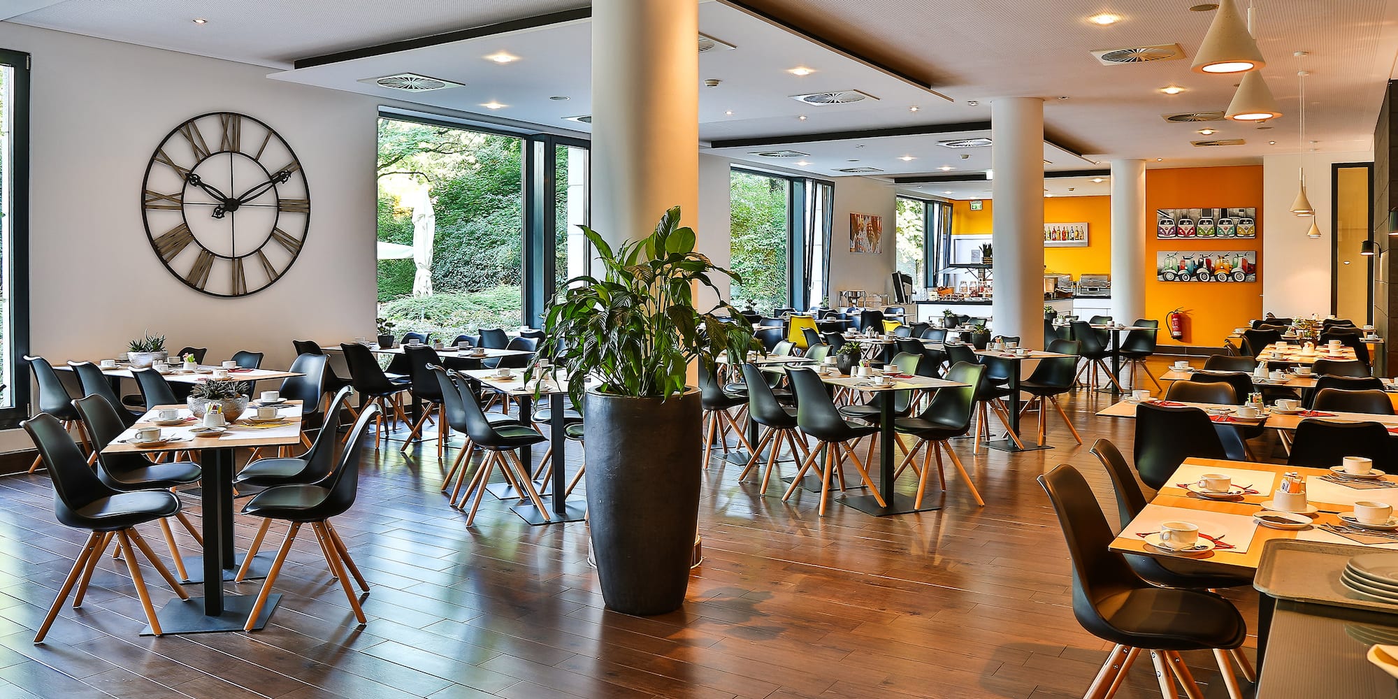 a room with tables and chairs