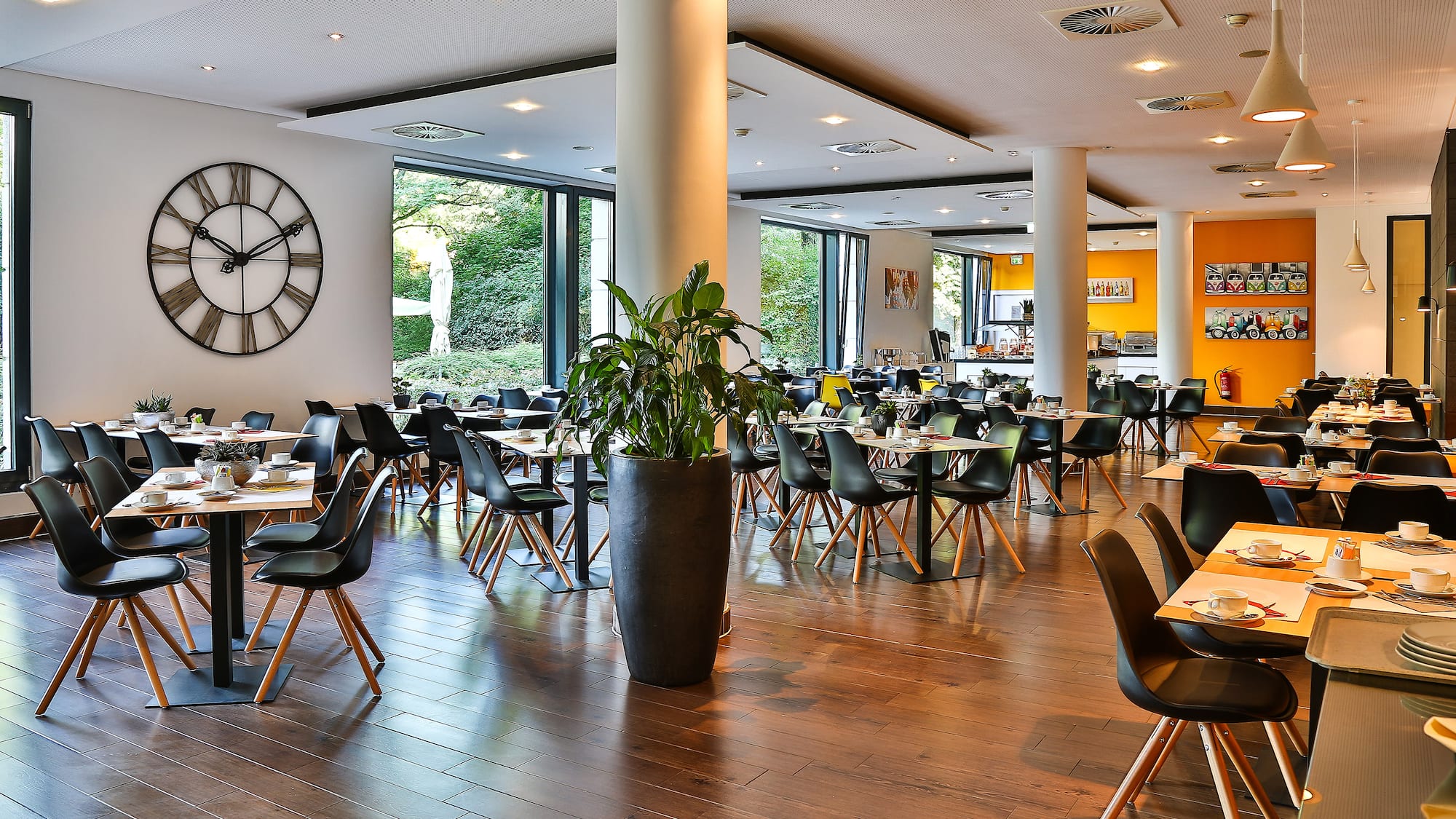 a room with tables and chairs