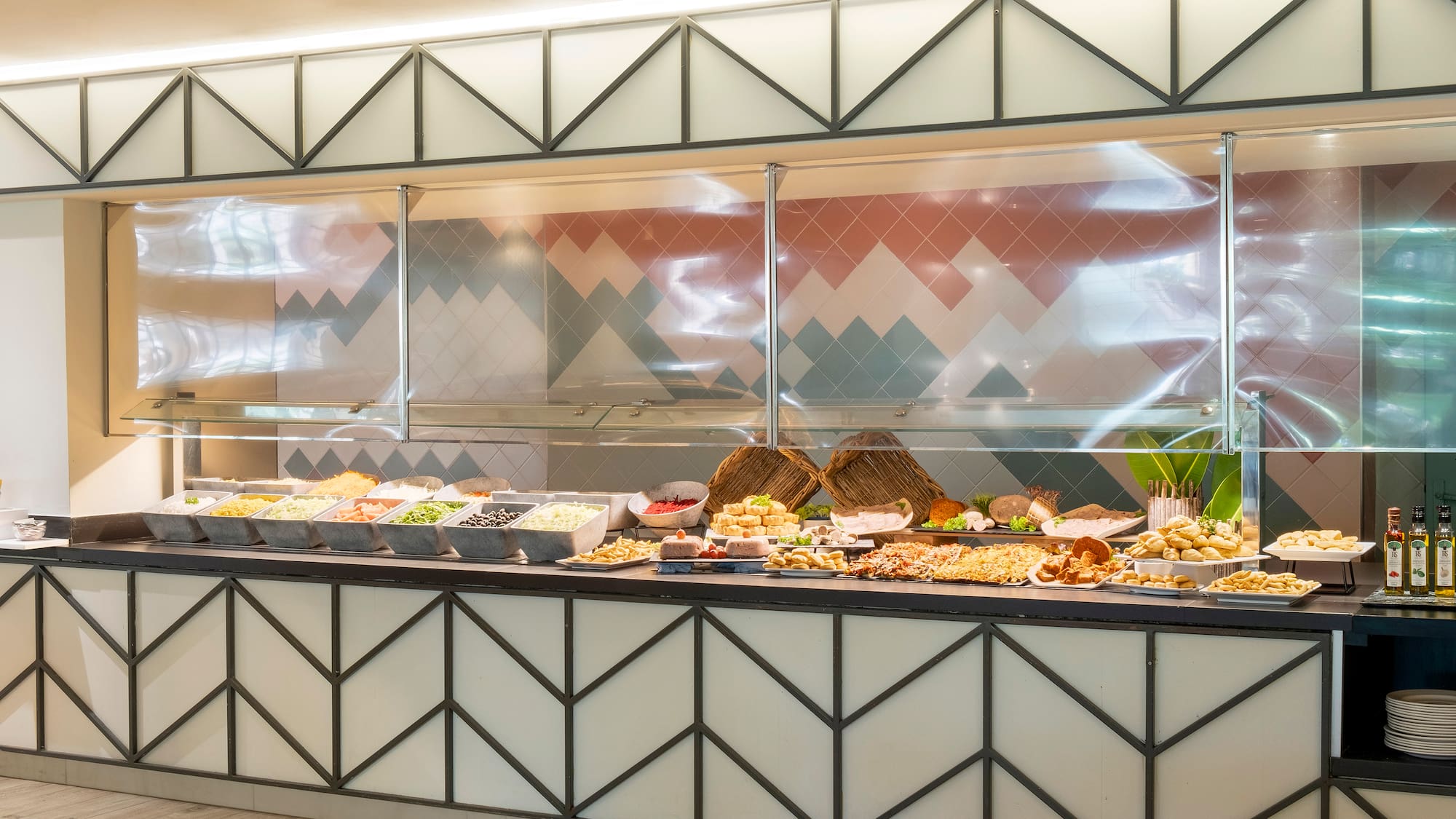 a buffet with food on it