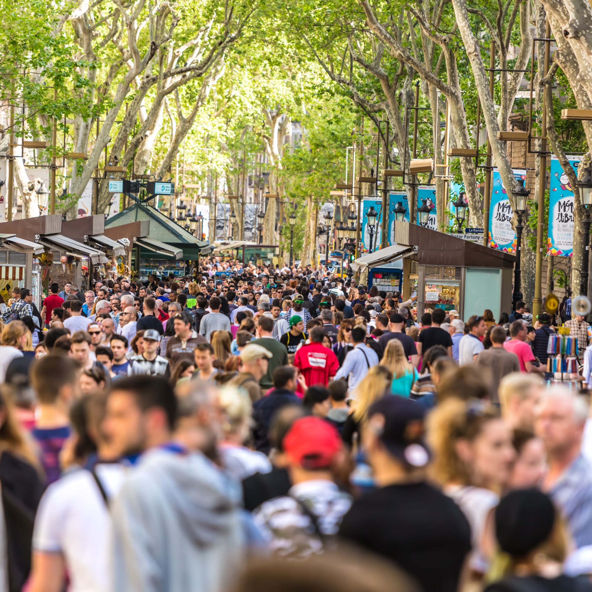 a crowd of people walking down a street