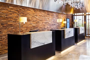 a reception desk in a hotel