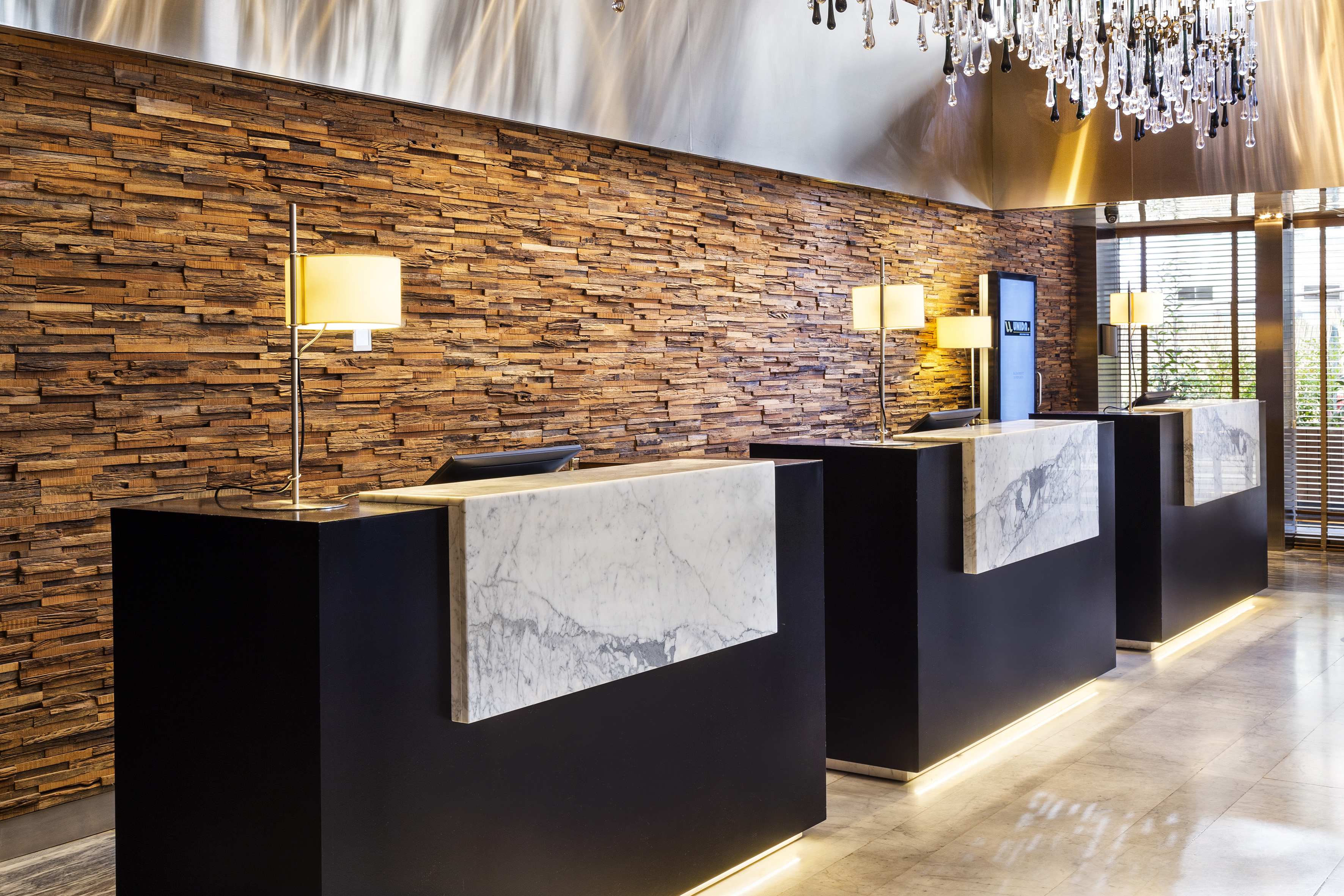 a reception desk in a hotel