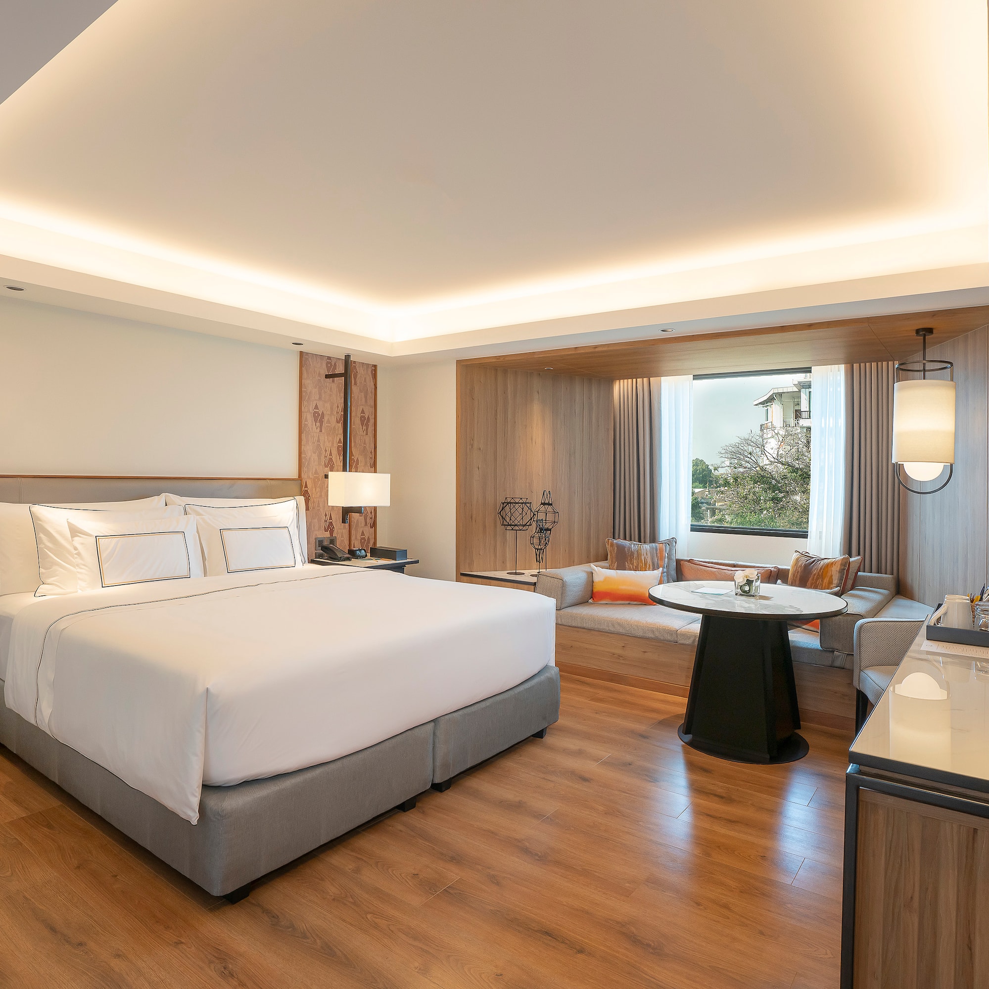 a room with a bed and a table