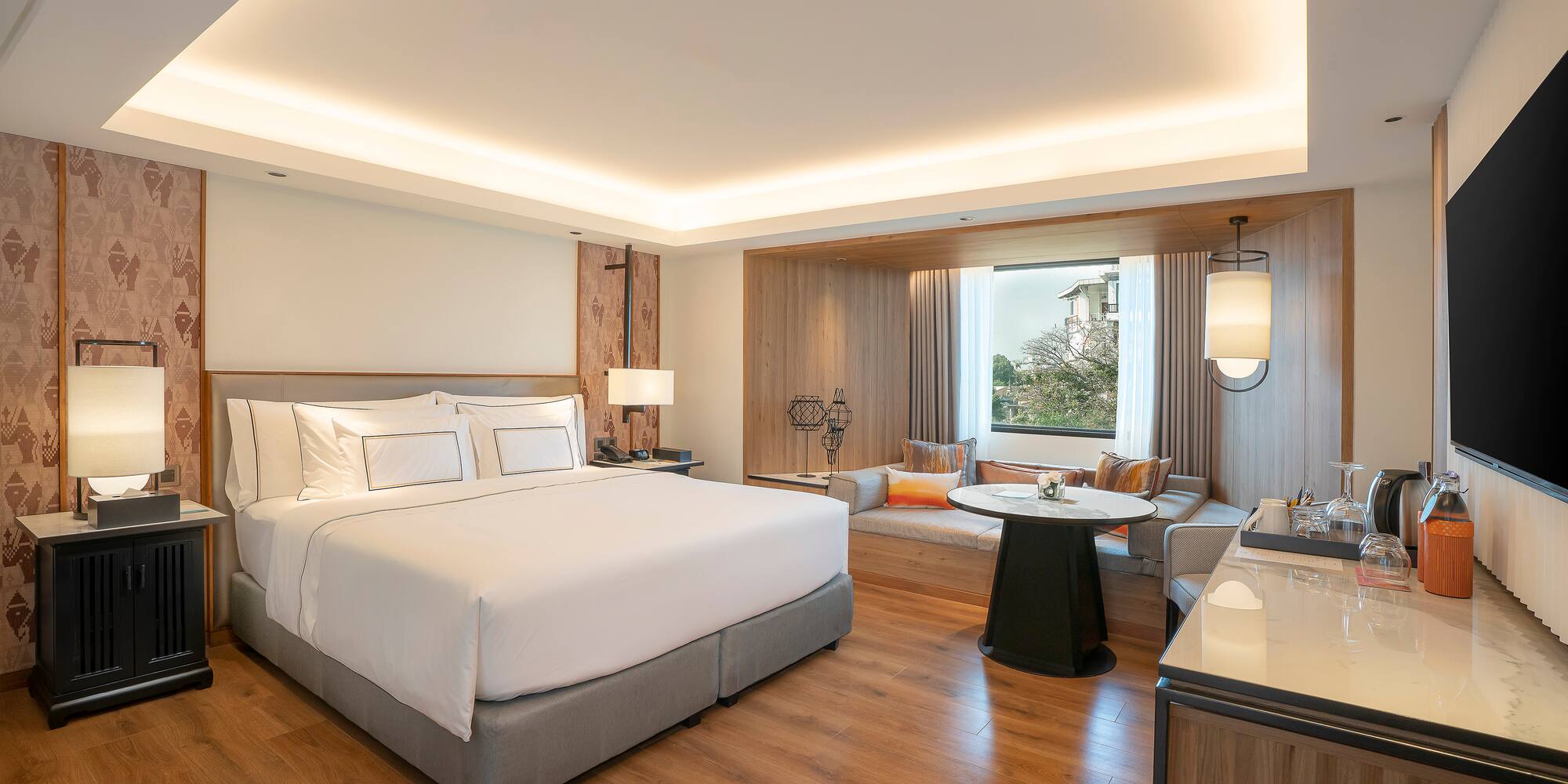 a room with a bed and a table