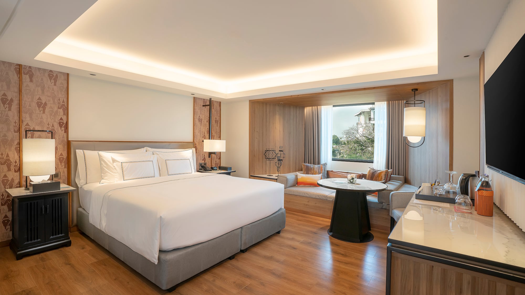 a room with a bed and a table