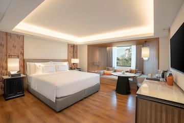 a room with a bed and a table