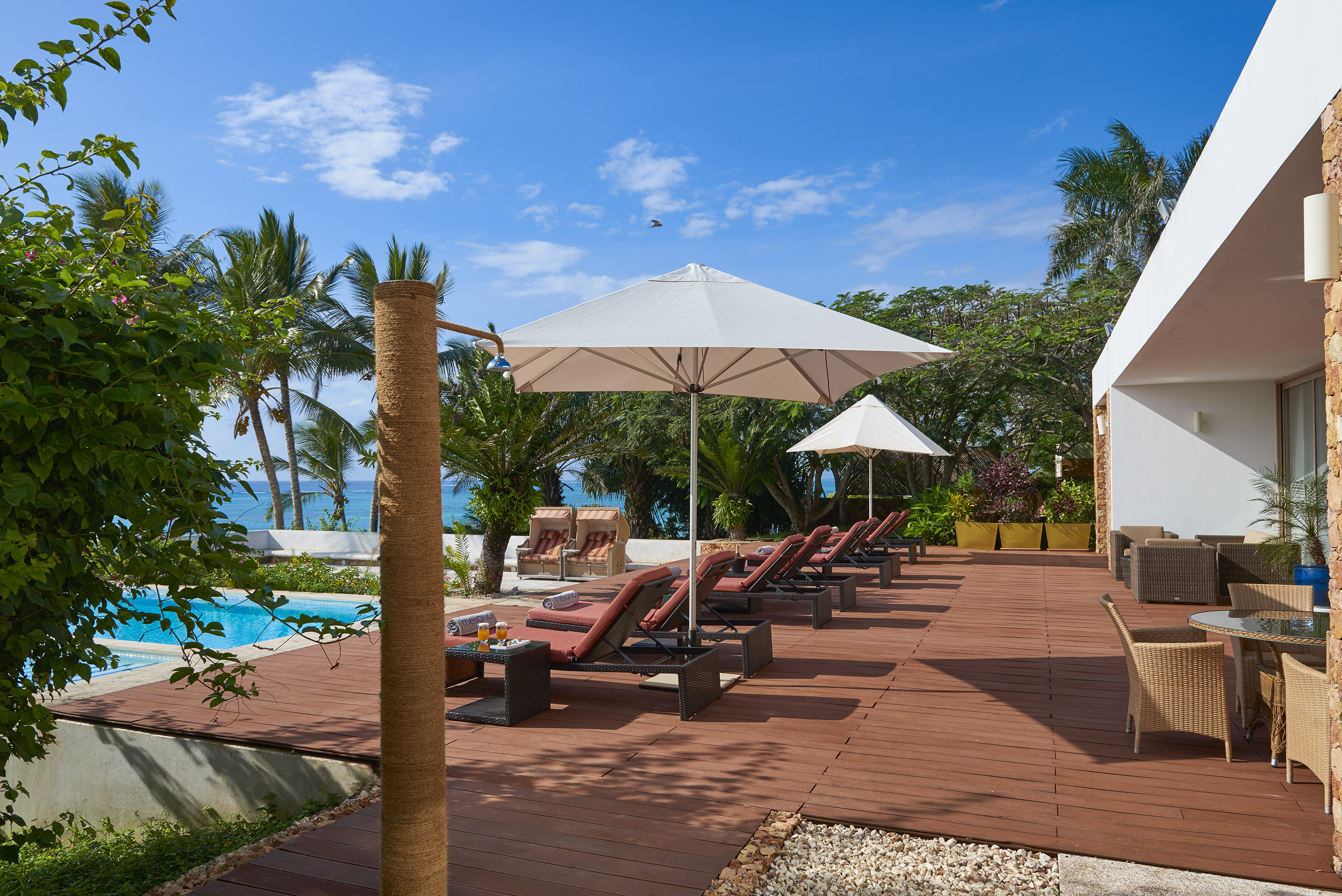 Tropical resort pool deck, ocean view, palm trees, and sun loungers.