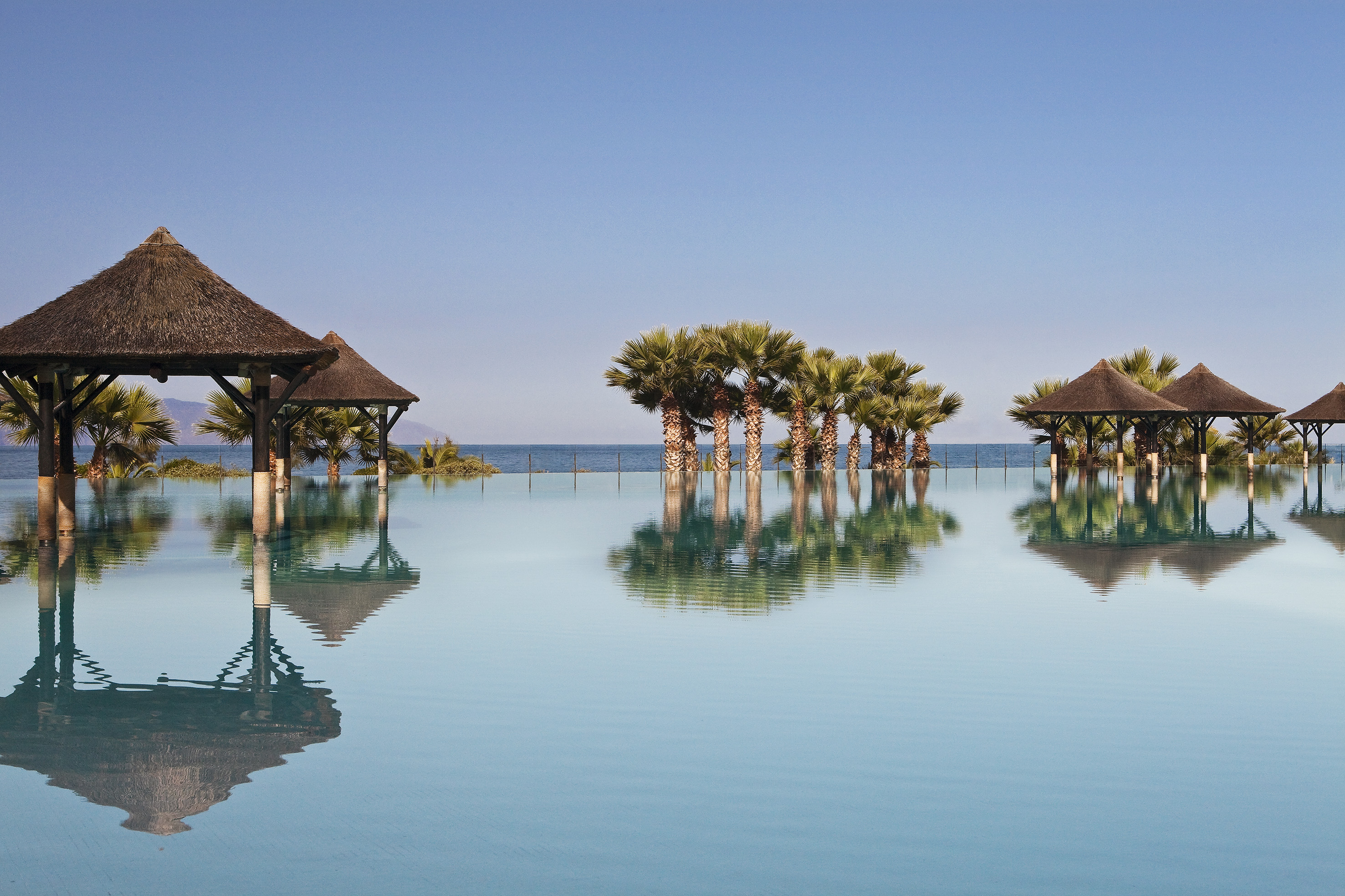 Infinity pool reflecting thatch cabanas, palm trees, and ocean horizon.
