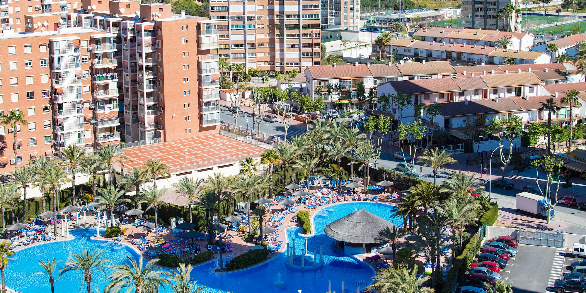 a swimming pool in a city