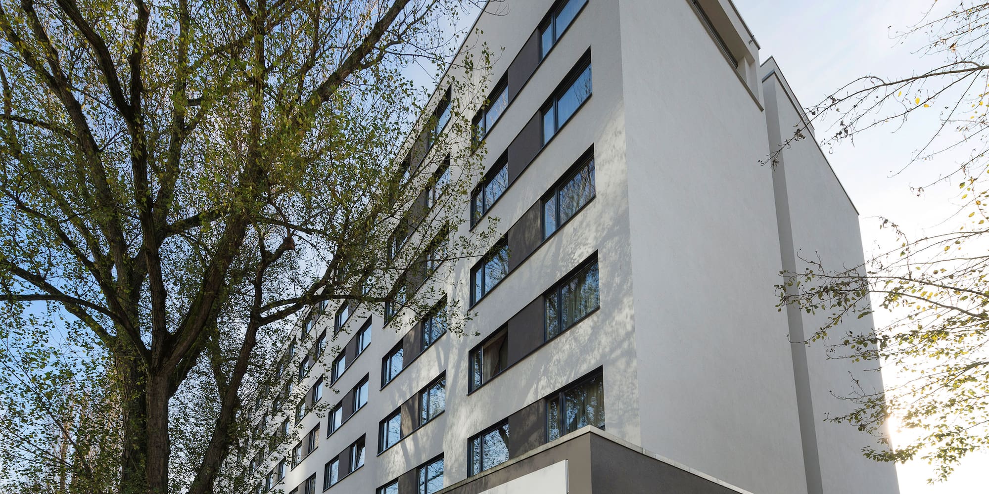 a building with a tree in front