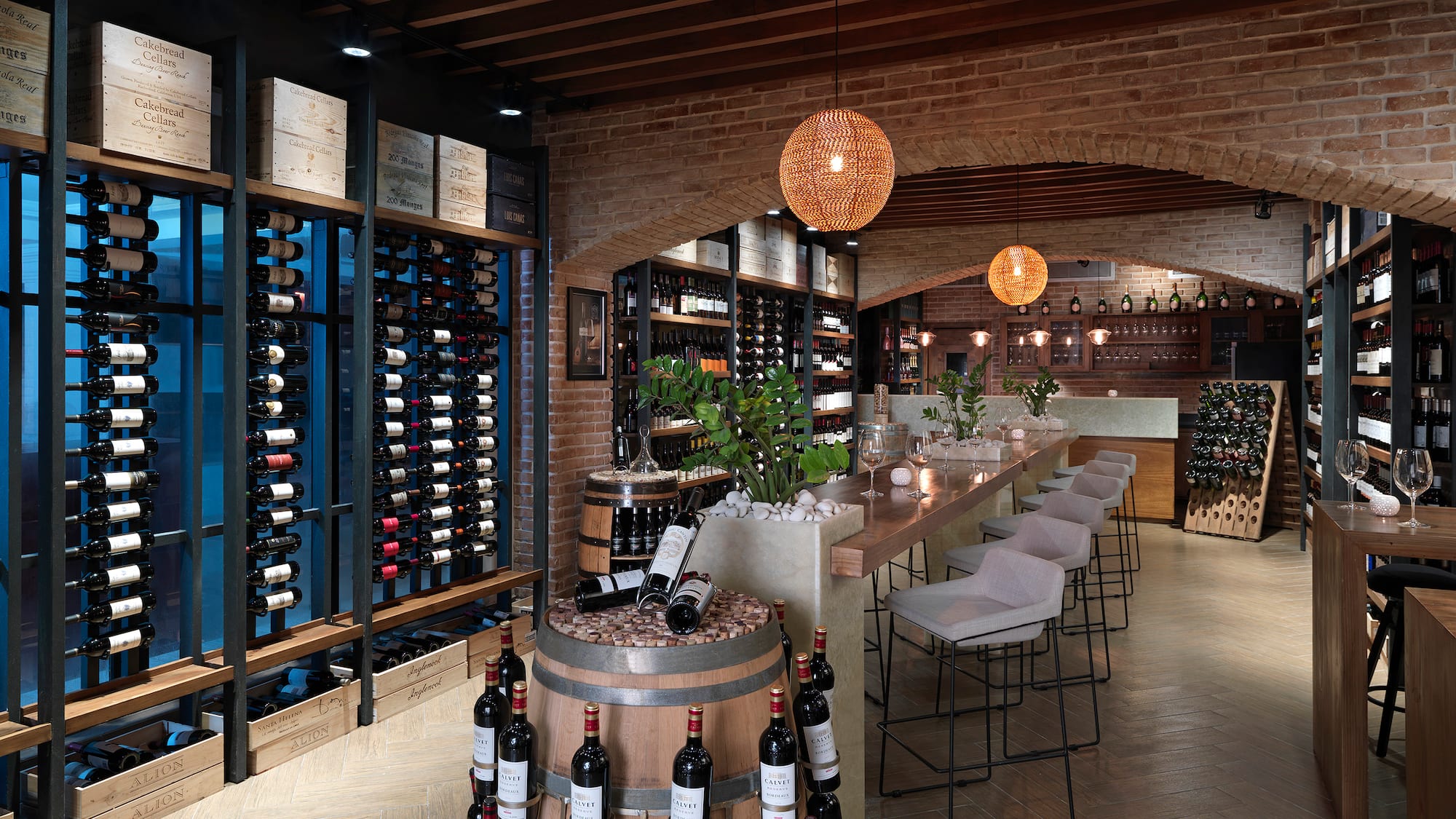 a wine cellar with wine bottles