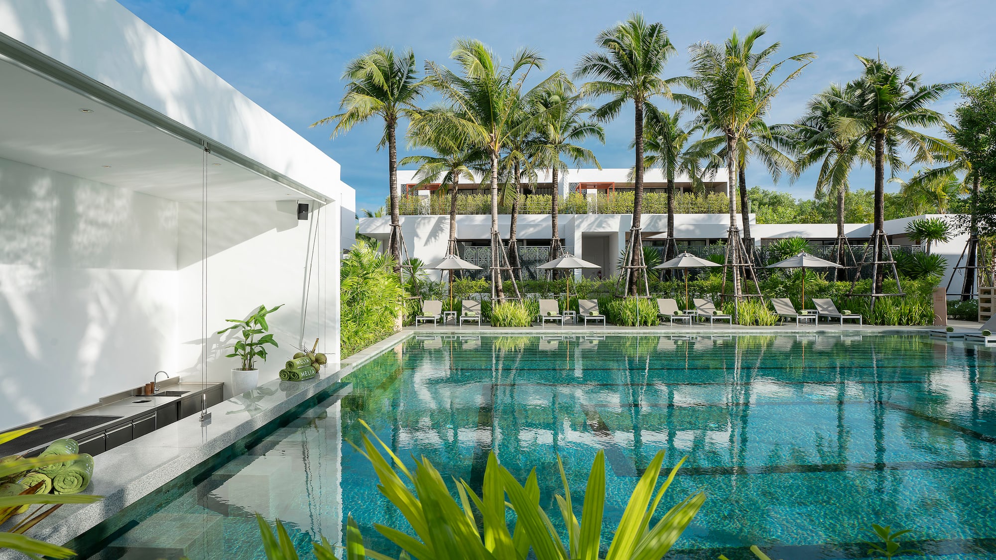 a pool with palm trees and a building