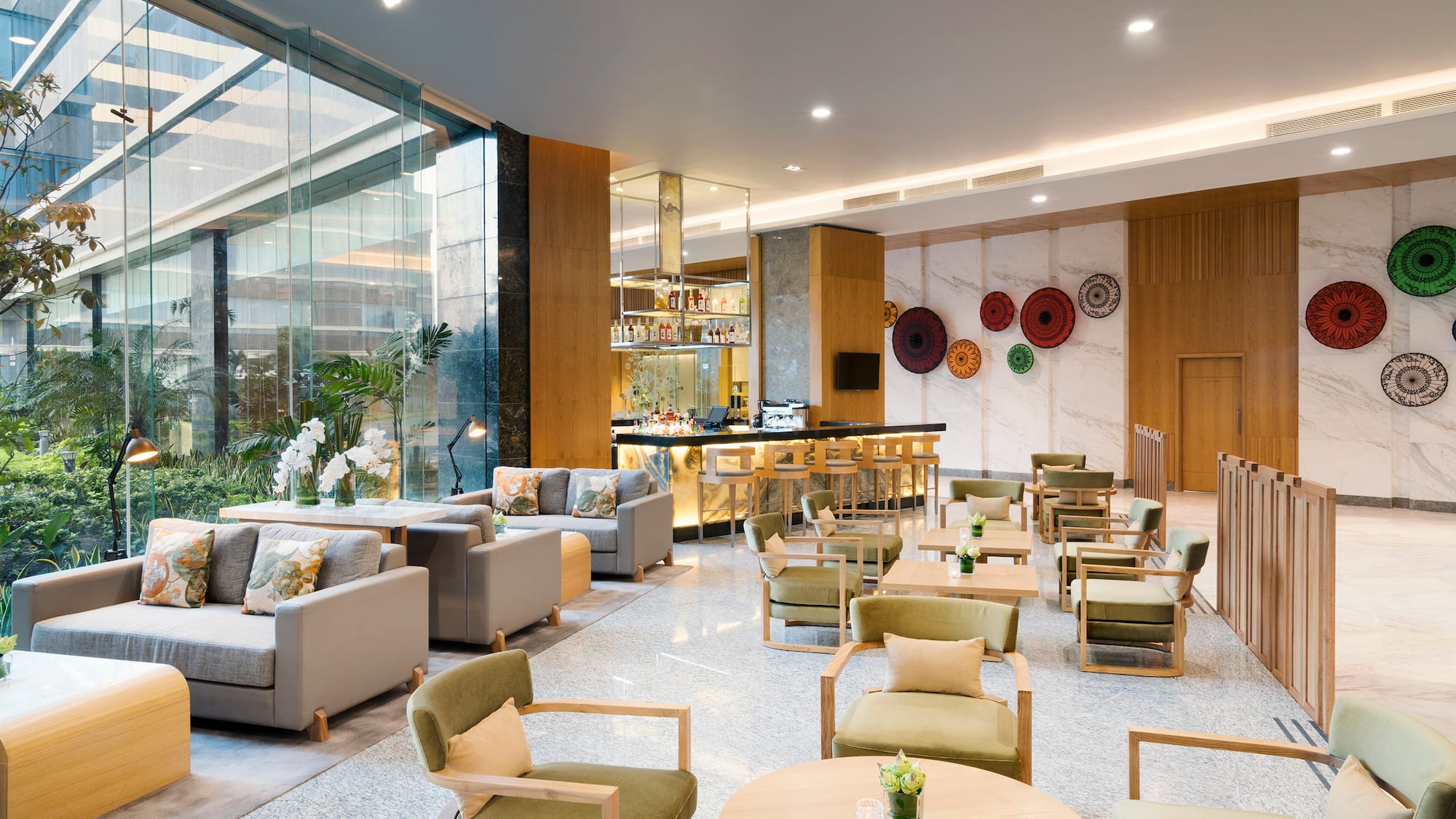 a room with tables and chairs